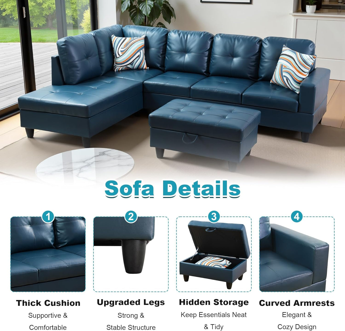 103.5" Oversized Sectional Couch, L Shaped Couch with Storage Ottoman, Modern Modular Sofa with Deep Seat, Sectional Couches for Living Room and Office, Peacock Blue (PU Leather)