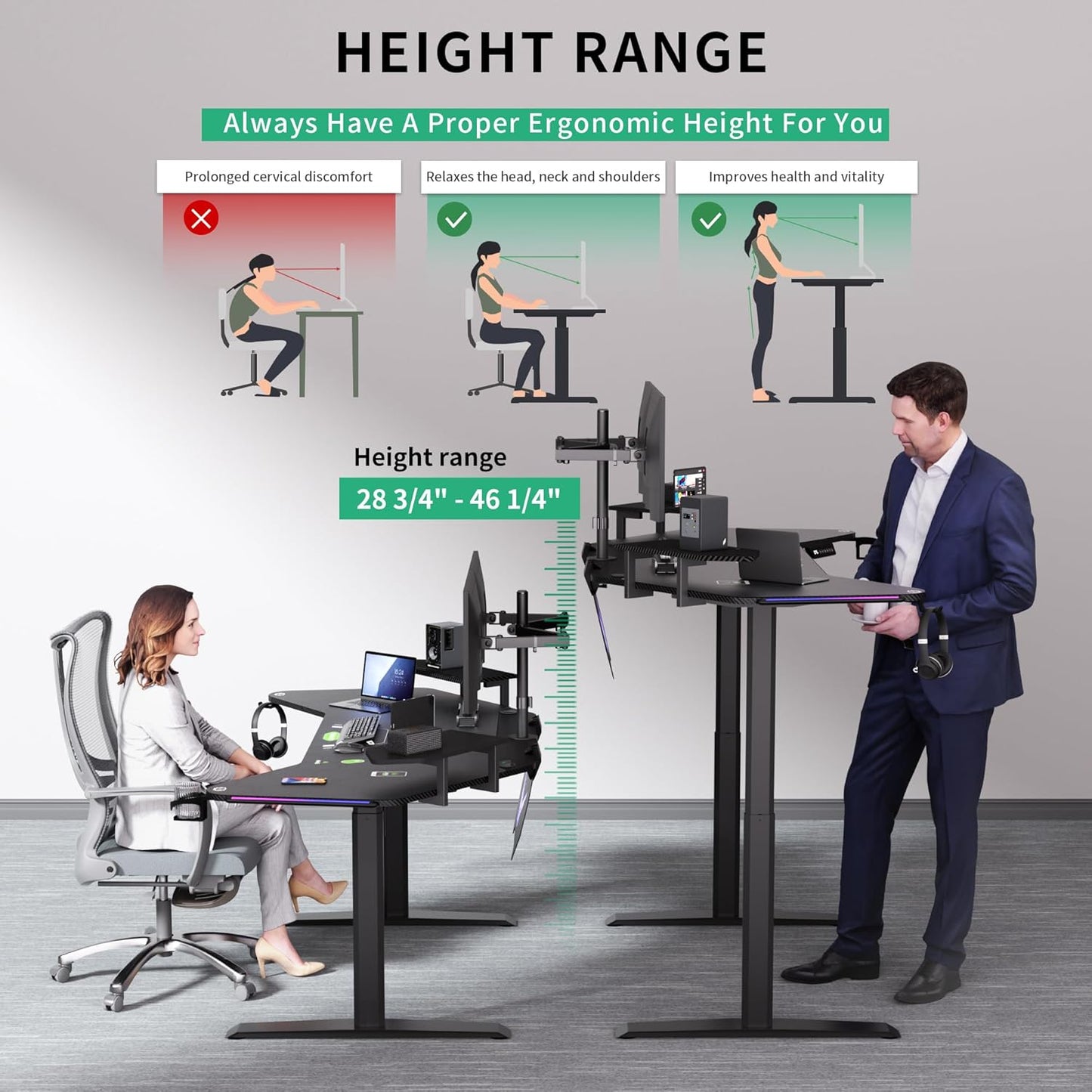 JWX Dual Motor Standing Gaming Desk with Aluminum Alloy Led Lights, 72'' Wing Shaped Large Gaming Studio Music Desk with Slot Design Shelves, for Streamer, Social Media Influencer & Music Recording