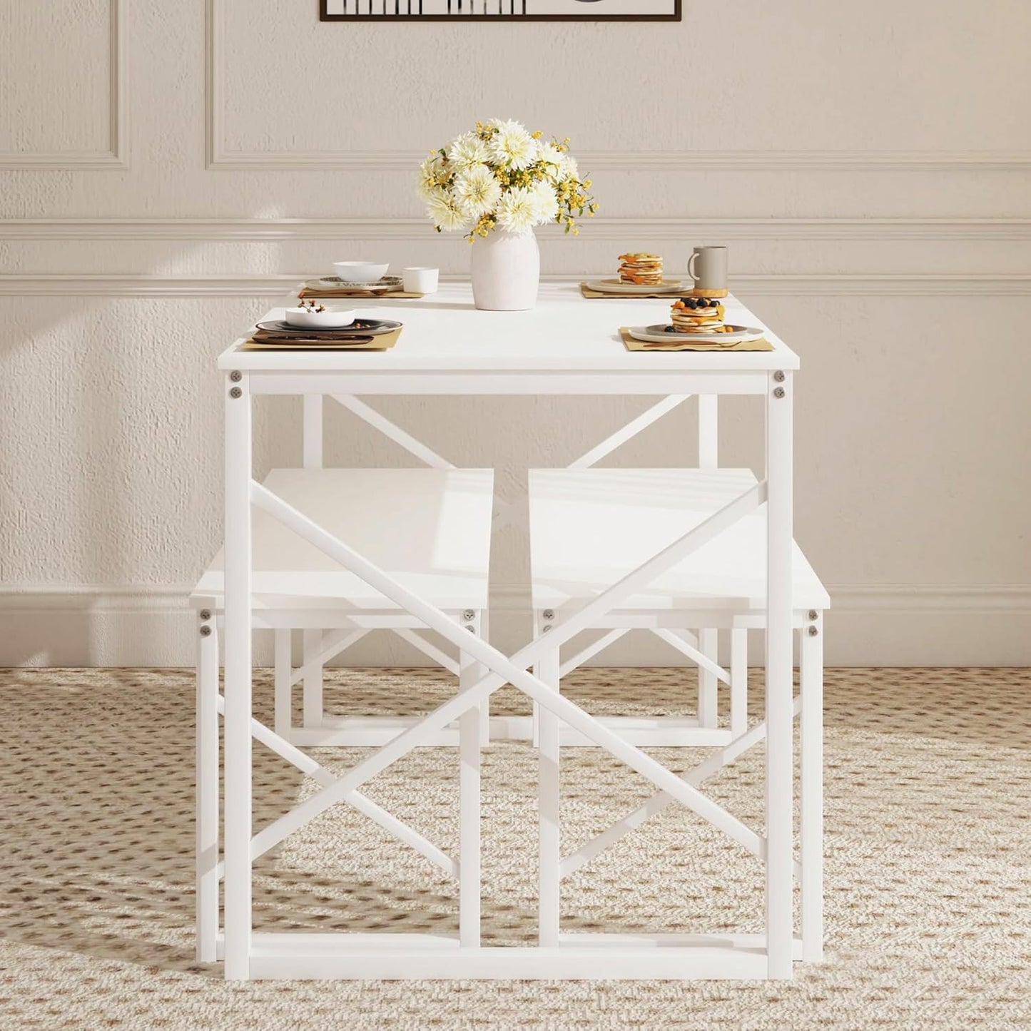 VECELO Dining Table with 2 Benches for 4, 43.3'' Wood Kitchen Room Dinette Sets with Metal Frame for Breakfast Nook and Small Space, White
