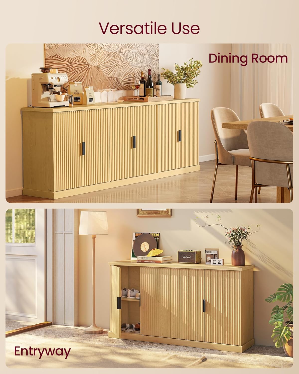 VASAGLE MAXE Collection - Buffet Cabinet, Console Cabinet, Sideboard with Adjustable Shelves, Fluted Doors, Transitional, Kitchen Pantry, Oak Beige UBBK382Y01S