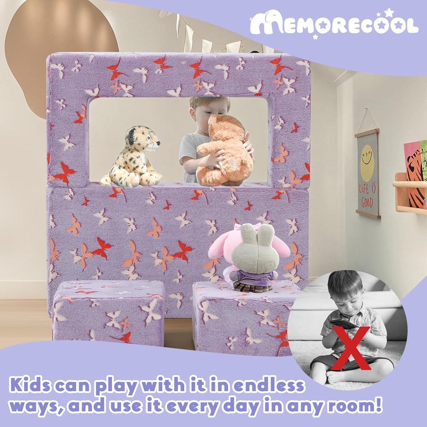 MeMoreCool Modular Kids Couch, Glow Play Toddler Couch for Bedroom Playroom, Convertible Foam Kids Sofa Bed, Fold Out Baby Sofa for Girl Boy, Butterfly