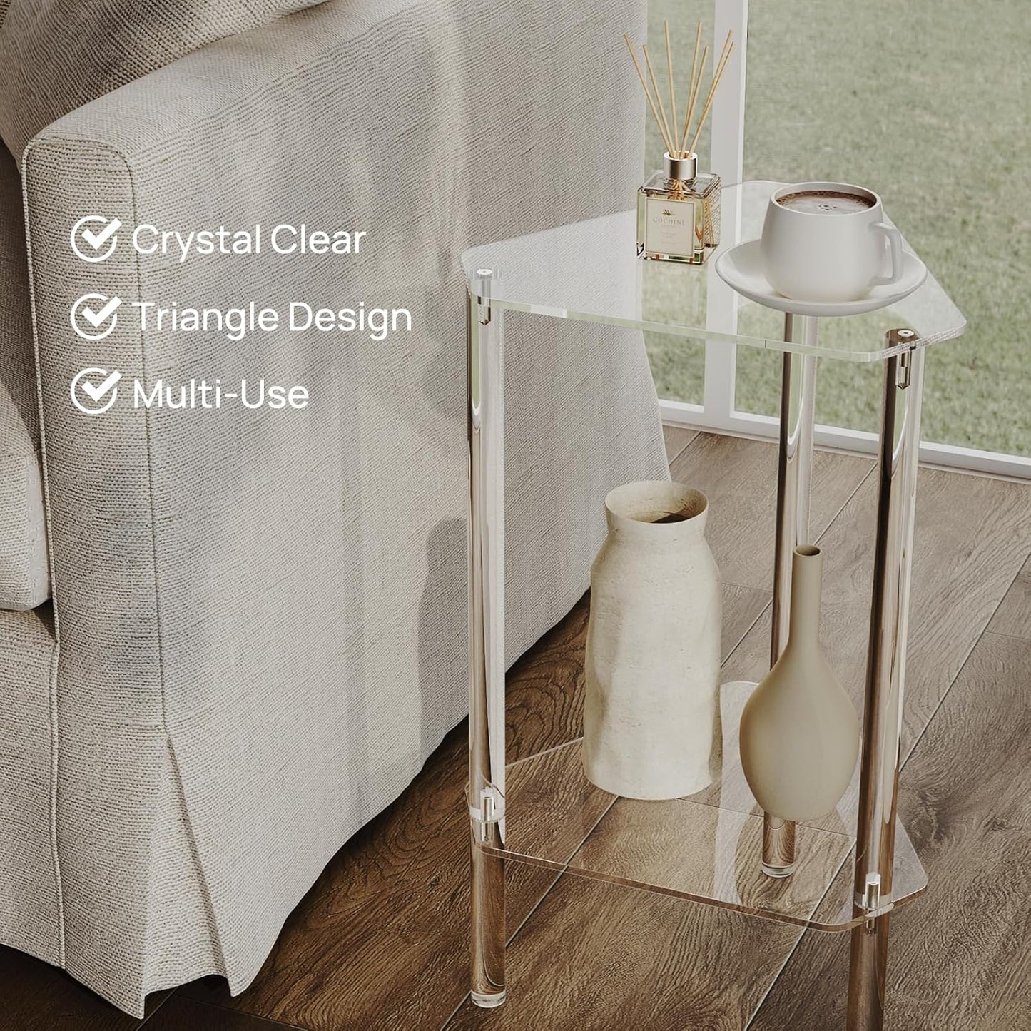 HMYHUM Clear Acrylic Triangle End Table, Corner Side Table for Small Spaces, Small Accent Table for Living Room, Bedroom and Balcony, Easy Assembly
