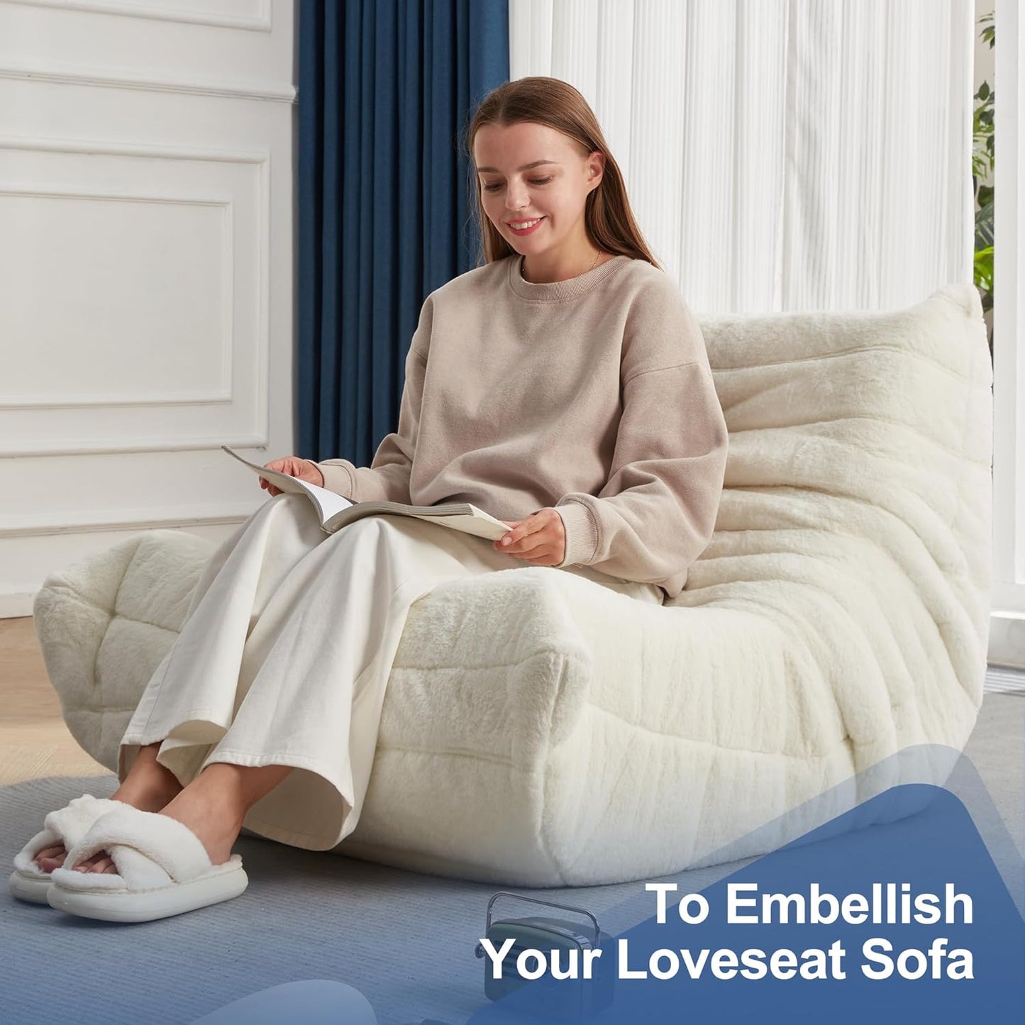 Bean Bag Chairs for Adults Giant Bean Bag Chair Memory Foam BeanBag Chair Big Bean Bag Sofa with Filler Faux Fur Fireside Beanbags Lazy Sofa for Living Room Bedroom Dorm Office (White Plush)