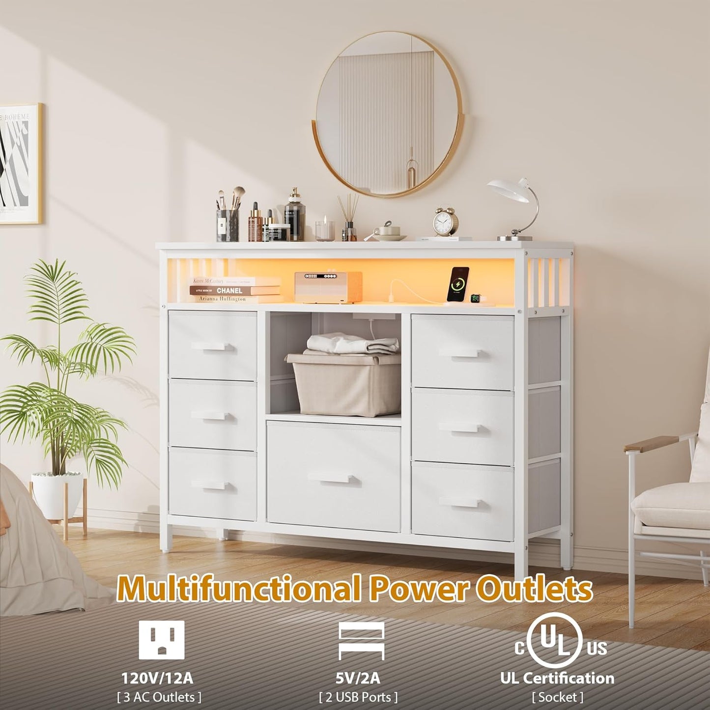 7 Drawer Dresser TV Stand with Power Outlets and LED Lights, Entertainment Center with Open Shelf, Media Console for 50“ TV, Dresser for Bedroom (White)