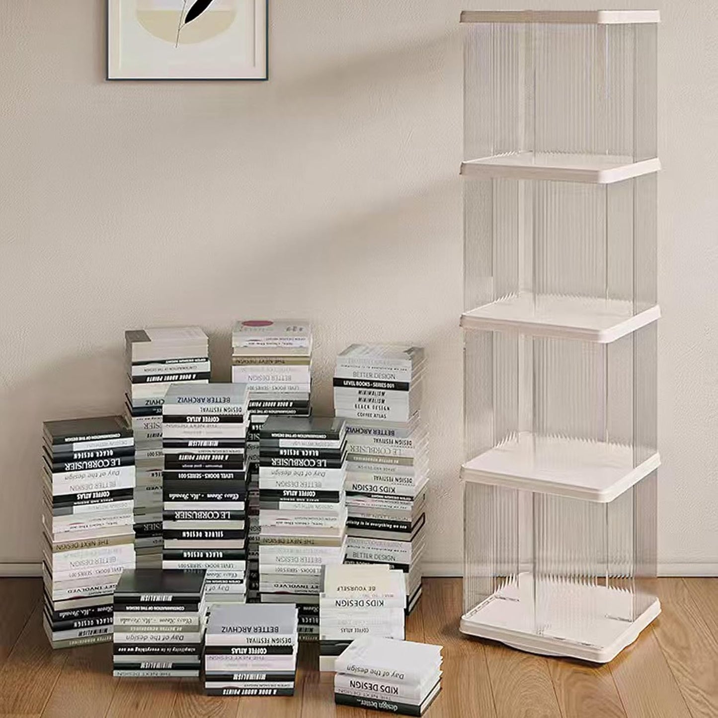4 Tier Rotating Bookshelf Tower,360 Display Rotating Bookshelf,53.4 inch High Small Space Revolving Bookcase, Home Office Spinning Bookshelf Tower(Rectangular, White)
