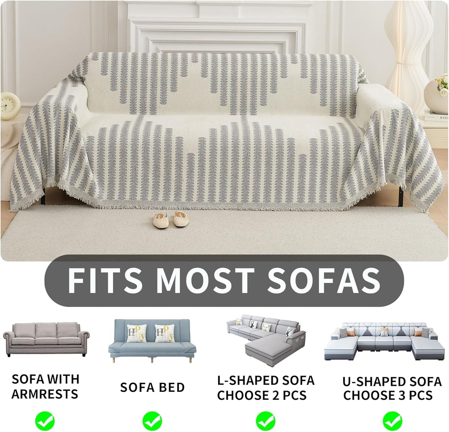 HAOMAIJIA Boho Sofa Covers Couch Covers for 2 Cushion Couch Sofa Pet Friendly Soft Thick Non Slip Couch Cover for Dogs Washable Sectional Couch Covers L Shape Furniture Protector (Grey, 71"x102")