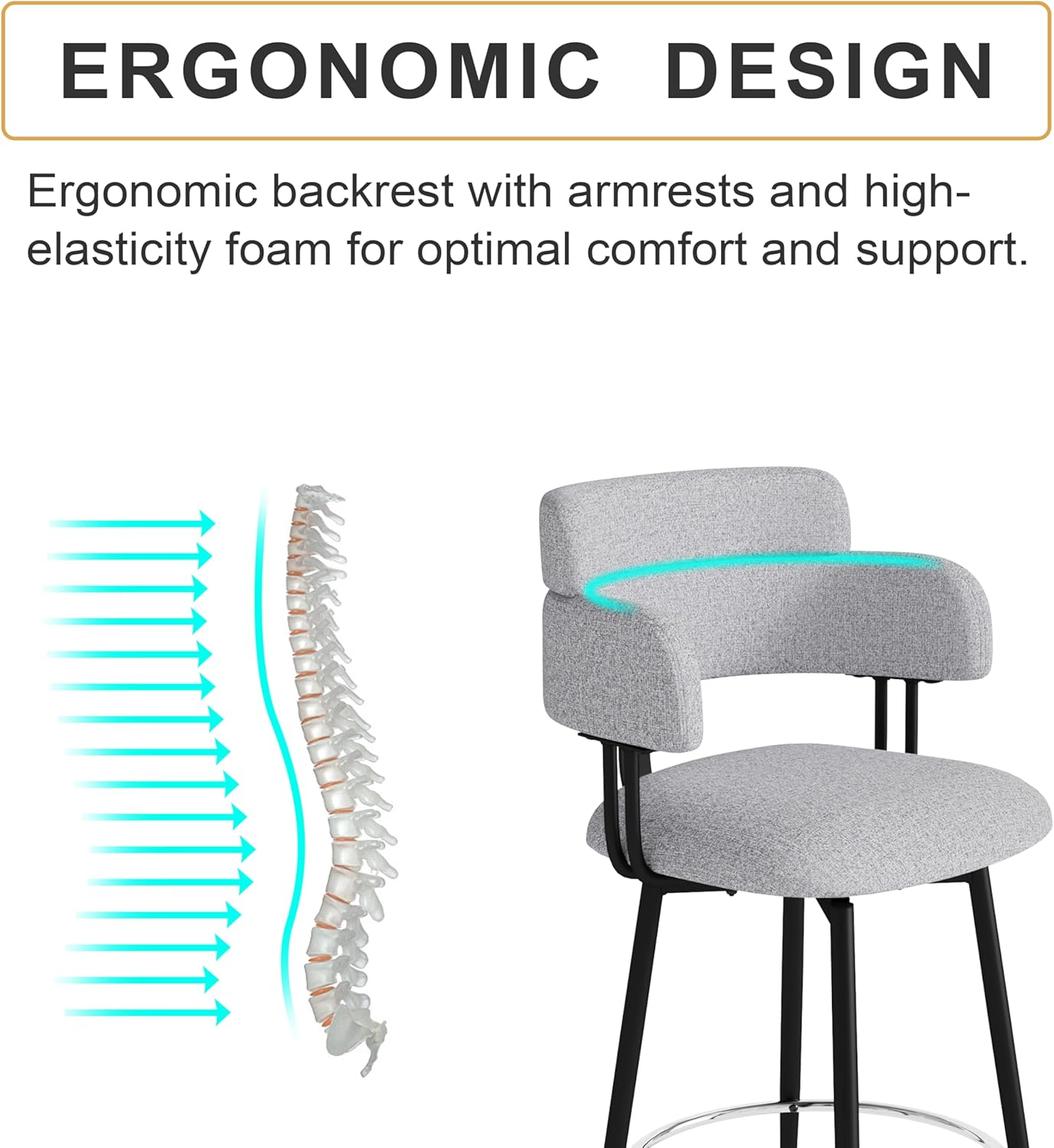 Swivel Bar Stools Set of 2, Counter Height Bar Stools with Ergonomic Full Back, Upholstered Linen Fabric Barstools with Chrome Metal Footrest for Kitchen Island, Dining Room