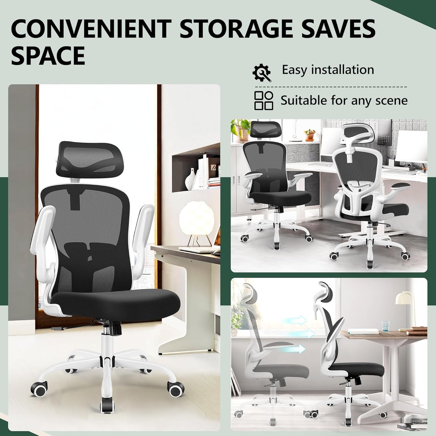 FelixKing Office Chair with Headrest, Home Office Desk Chairs with Flip-Up Armrests, Adjustable Height Ergonomic Office Chair Lumbar Support, Mesh Backrest Computer Chair (White)