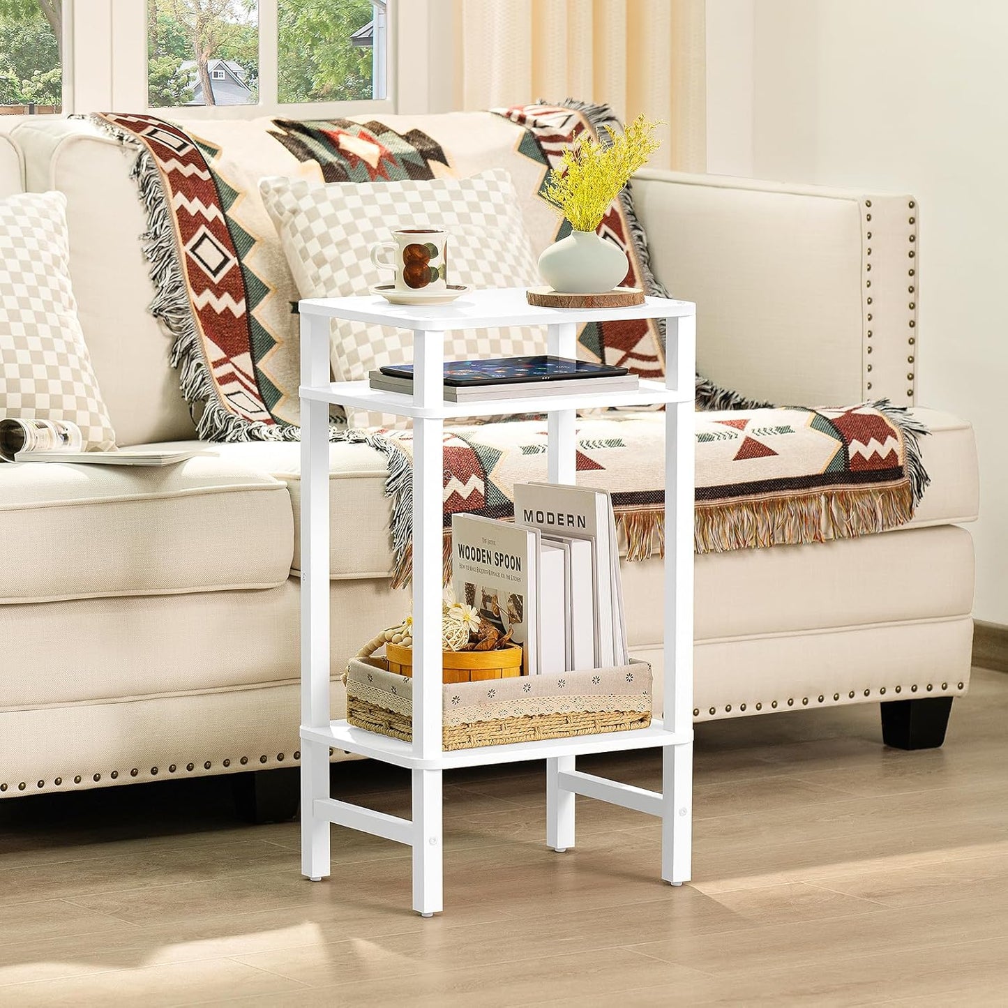 28in Tall Side Table 3-Tier Small Narrow End Table for Couch, Skinny Nightstand for Small Space, Farmhouse Slim Night Stand with Storage, Wooden Frame Thin Bedside Table, for Living Room, White