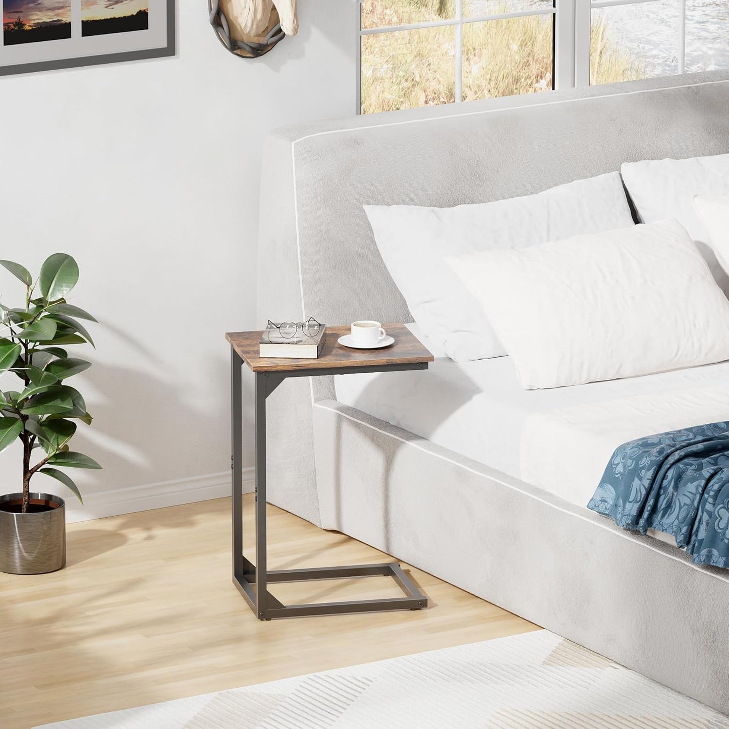 C-Shaped Side Table, C-Table for Sofa, Couch Table with Metal Frame, Large Surface Sofa Table for Living Room(Brown)