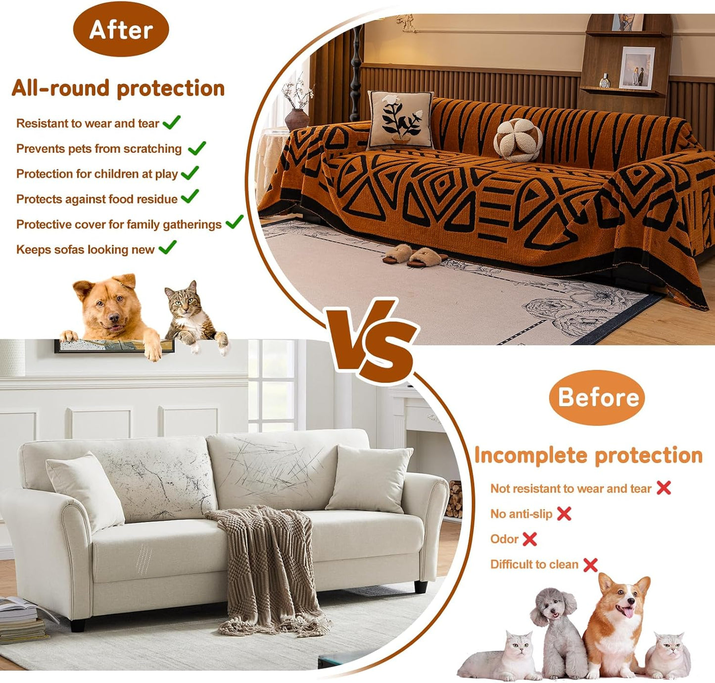 HANDONTIME Sofa Covers for Couch Pet-Friendly Caramel Black Couch Cover for Dogs Shu Velveteen Short Plush Sofa Covers for 3 Cushion Boho Brunt Orange Furniture Protector Washable, 71" X150"
