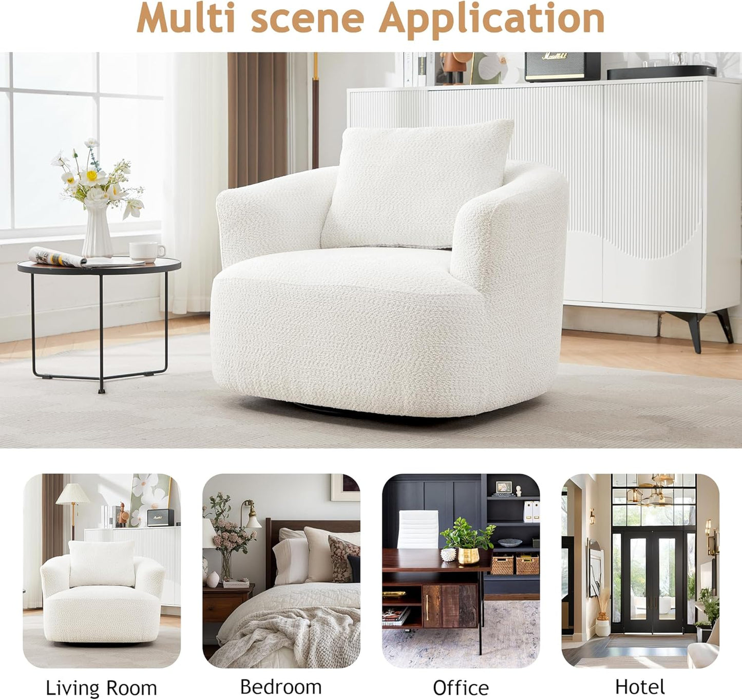 Merax Modern 360° Chenille Swivel Barrel Chair with A Throw Pillow & Armrest, Upholstered Cozy Single Round Sofa with Deep Seating for Living Room Bedroom,Office, Hotel, Easy Assemble, Beige