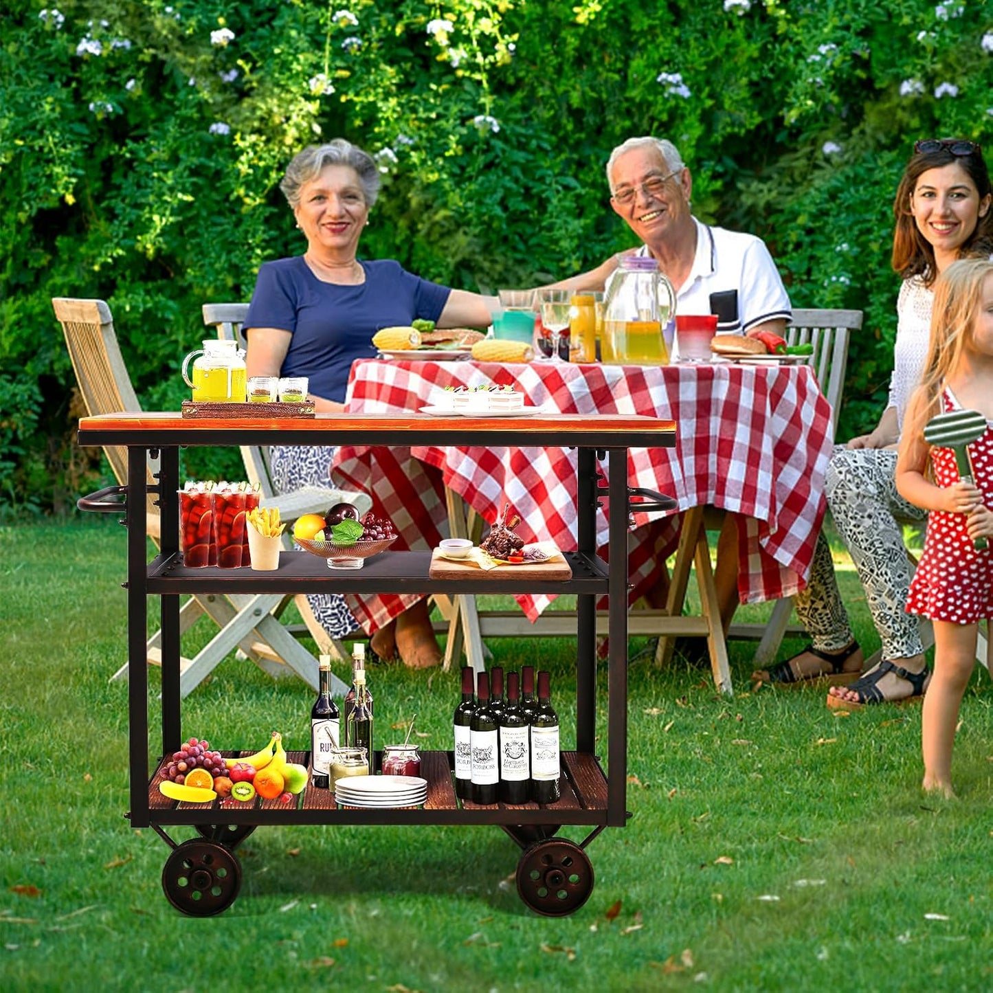 Farmhouse Mobile Cart with Wheels for Home Kitchen Industrial Rolling Food Cart Outdoor Vintage Wood and Metal Design Utility Cart in Office Coffee House 3 Tier with 2 Side Handle