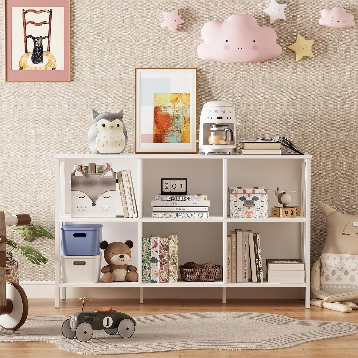 Horizontal Bookshelf Bookcase,6 Cube Storage Organizer with Open Shelf,47 Inch Industrial Low Wide Wood and Metal Cubby Shelf,Long Shelving Unit for Home Office Living Room(White,6 Cube)