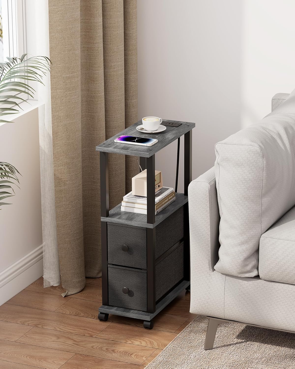 TUTOTAK Small Narrow End Tables, Side Tables with 2 Fabric Drawers, Set of 2, Bedside Tables with Charging Station for Small Spaces, Slim Nightstands with USB Ports and Wheels, TB01BY053