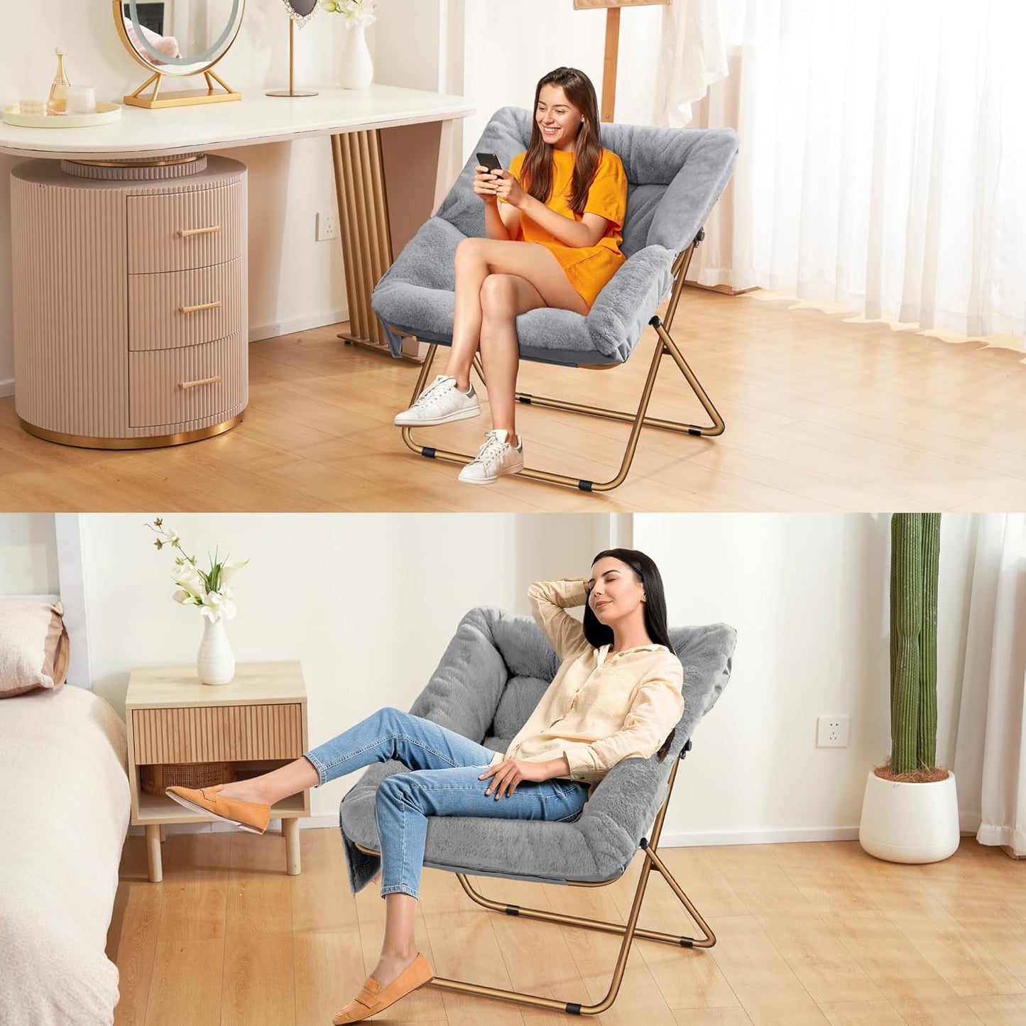 Comfy Saucer Chair for Adults, Foldable Living Room Chairs, Soft Faux Fur Lounge Chair for Bedroom, Reading Chairs, X-Large (Ottoman-Grey)