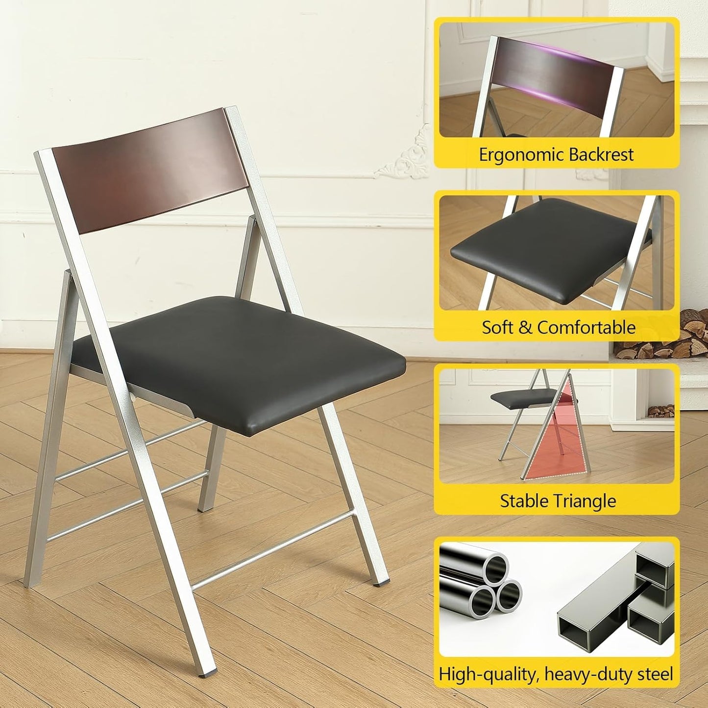 Folding table and chair set, dining table with extra large storage space and 4 universal wheels, matched with padded steel frame folding chairs, space-saving dining table and 2 chairs (Black)