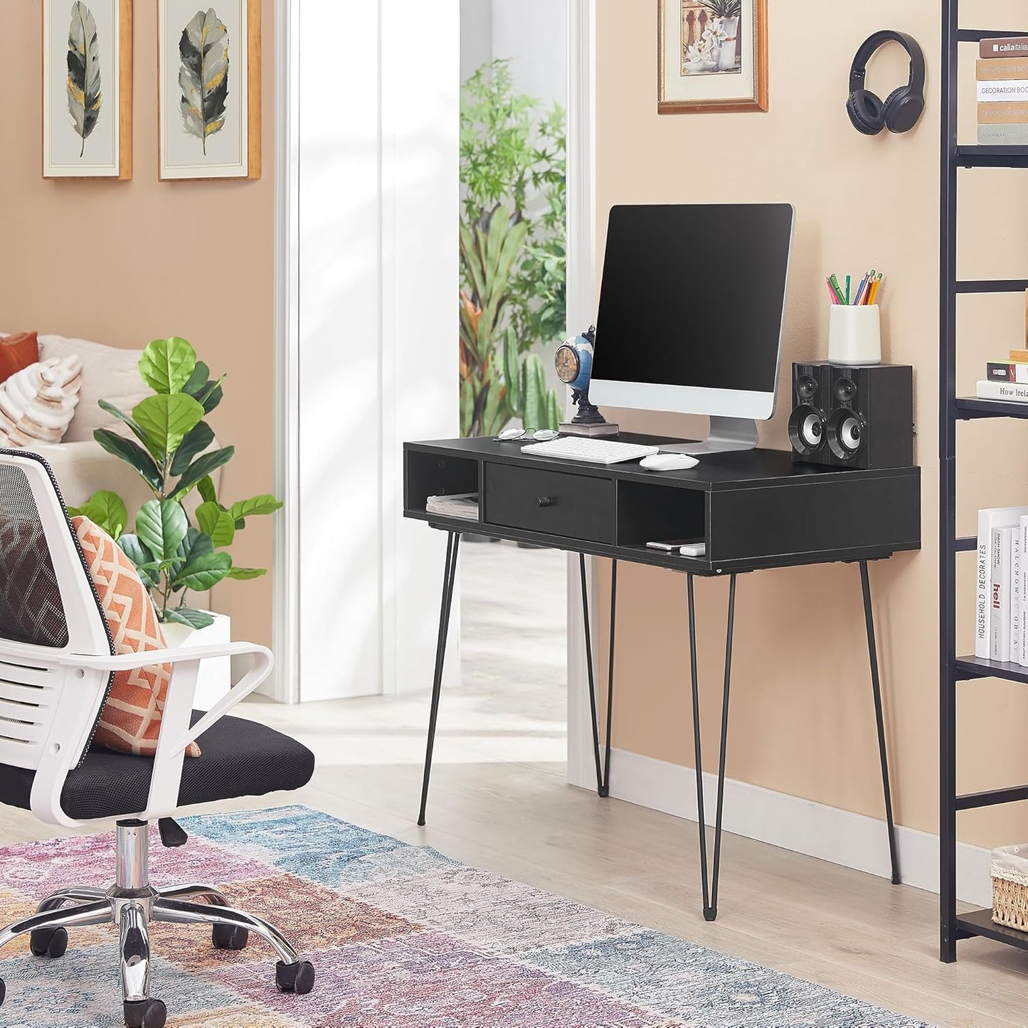 VECELO 39.3" Home Office Work Table with Drawers,Computer Desk with Hairpin Leg for Writing/Study,Black