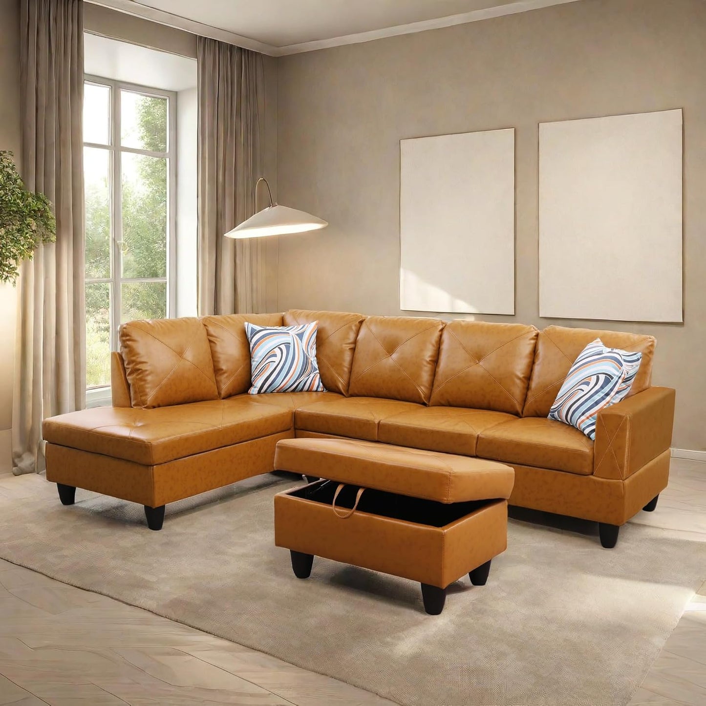 L Shaped Sectional Sofa with Ottoman, Leather Right Facing Modern Couches for Living Room, Bedroom, Office, Ginger Black