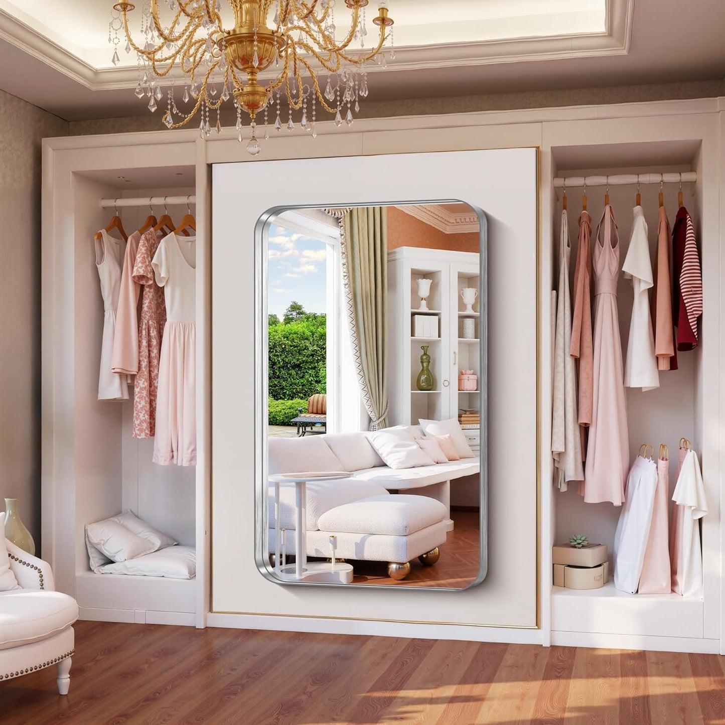 FORBATH 60x36 Inch Large Bathroom Mirror for Double Sinks, Brushed Silver Deep Frame Wall Mirror with Rounded Corners, Anti-Rust Tempered Glass for Modern Farmhouse Vanity (Horizontal/Vertical)