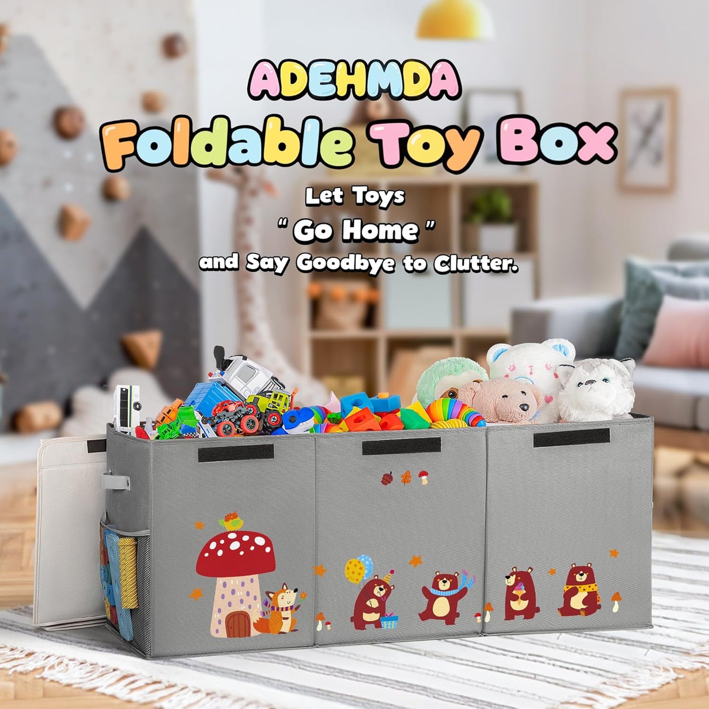 120L Large Toy Storage Box with Lid, Extra Large Toy Box Chest, Large Toy Box for Kids, Girls and Boys, Nursery Room and Living Room, 40"x13" x16" (grey-bear)