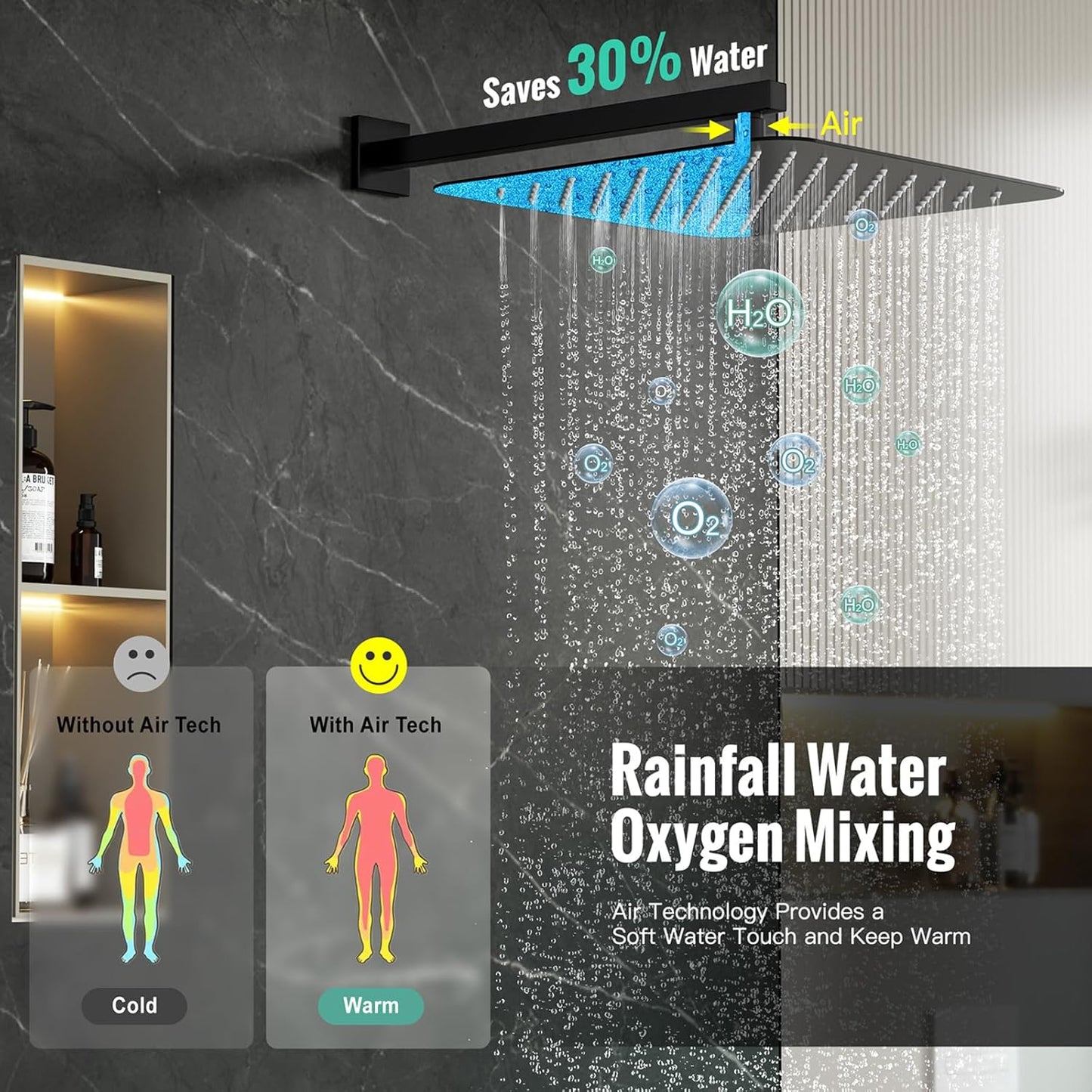 SR SUN RISE Matte Black Square Rainfall Shower Head and Handle Set, Wall Mounted Shower Fixtures, Metal Shower Faucet Trim Repair Kits (With Shower Valve) 16 Inches