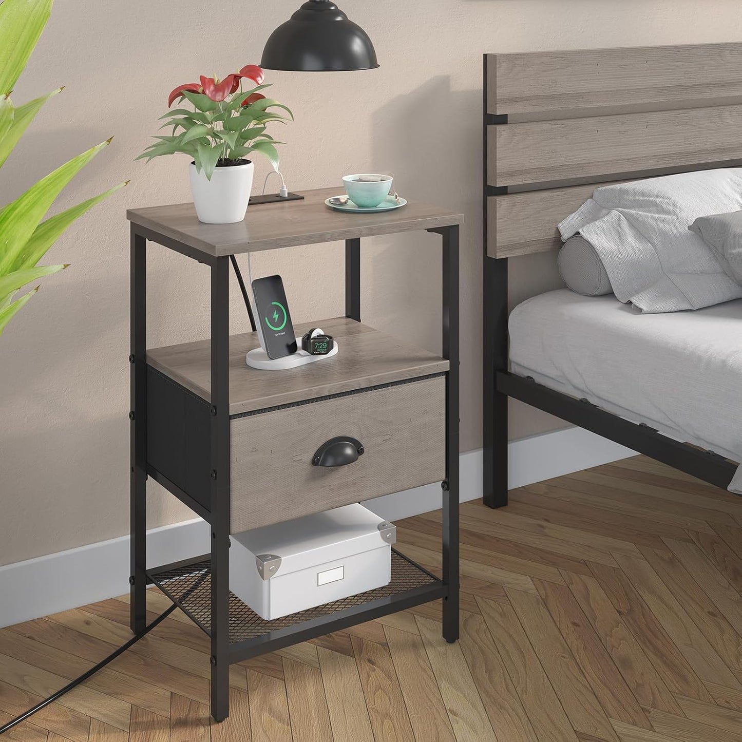 Nightstands Set of 2, Night Stands with Charging Station and Fabric Drawer, Grey Bedside Tables with Drawer, 2- Tier Side Table with Storage, Nightstands with Charging Station,Grey