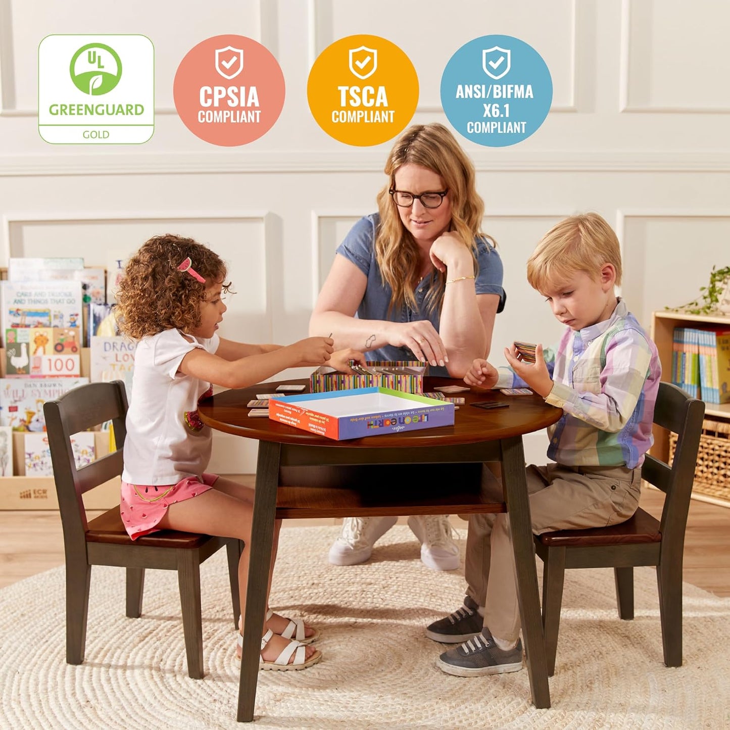 ECR4Kids Hideaway Table and Chair Set, Kids Furniture, Dark Walnut/Grey Wash, 3-Piece