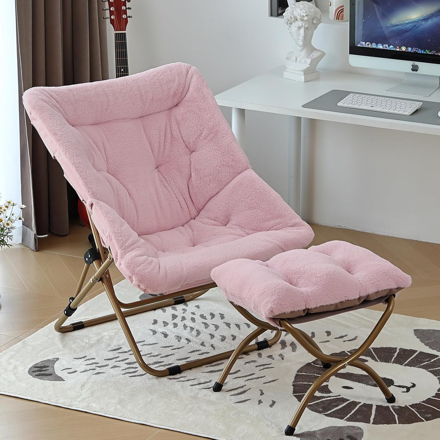 Comfy Folded Chair with Ottoman, Oversized Folding Faux Fur Chair Soft Furry Lounge Lazy Chair with Metal Frame Moon Chair Accent Chair for Bedroom, Living Room, Dorm Rooms