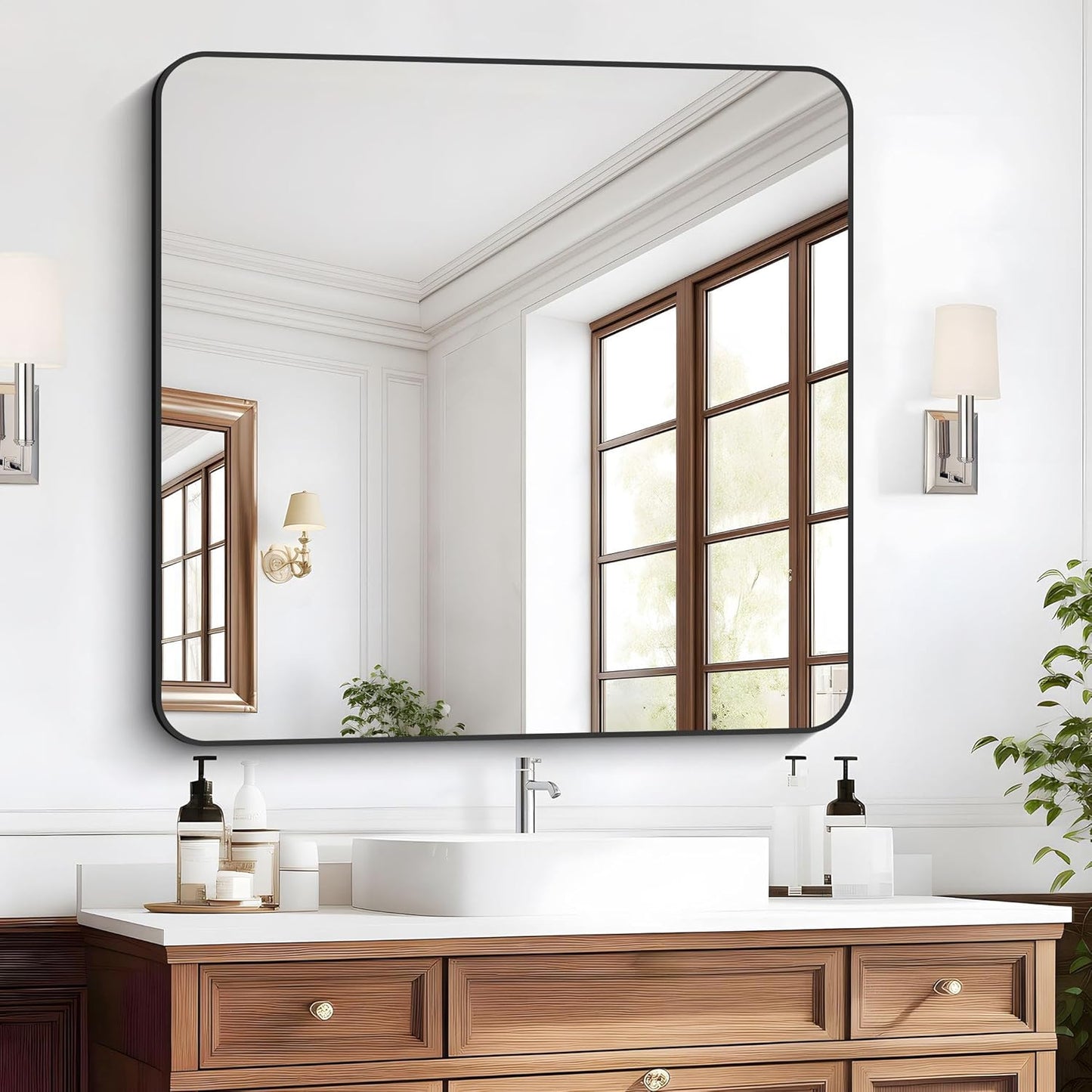 Bathroom Mirror, 42x42 inch Black Square Wall Mirror, Rounded Corner Aluminum Metal Frame Vanity Mirror, Large Wall Mounted Mirrors for Over Sink Bedroom Living Room Entryway