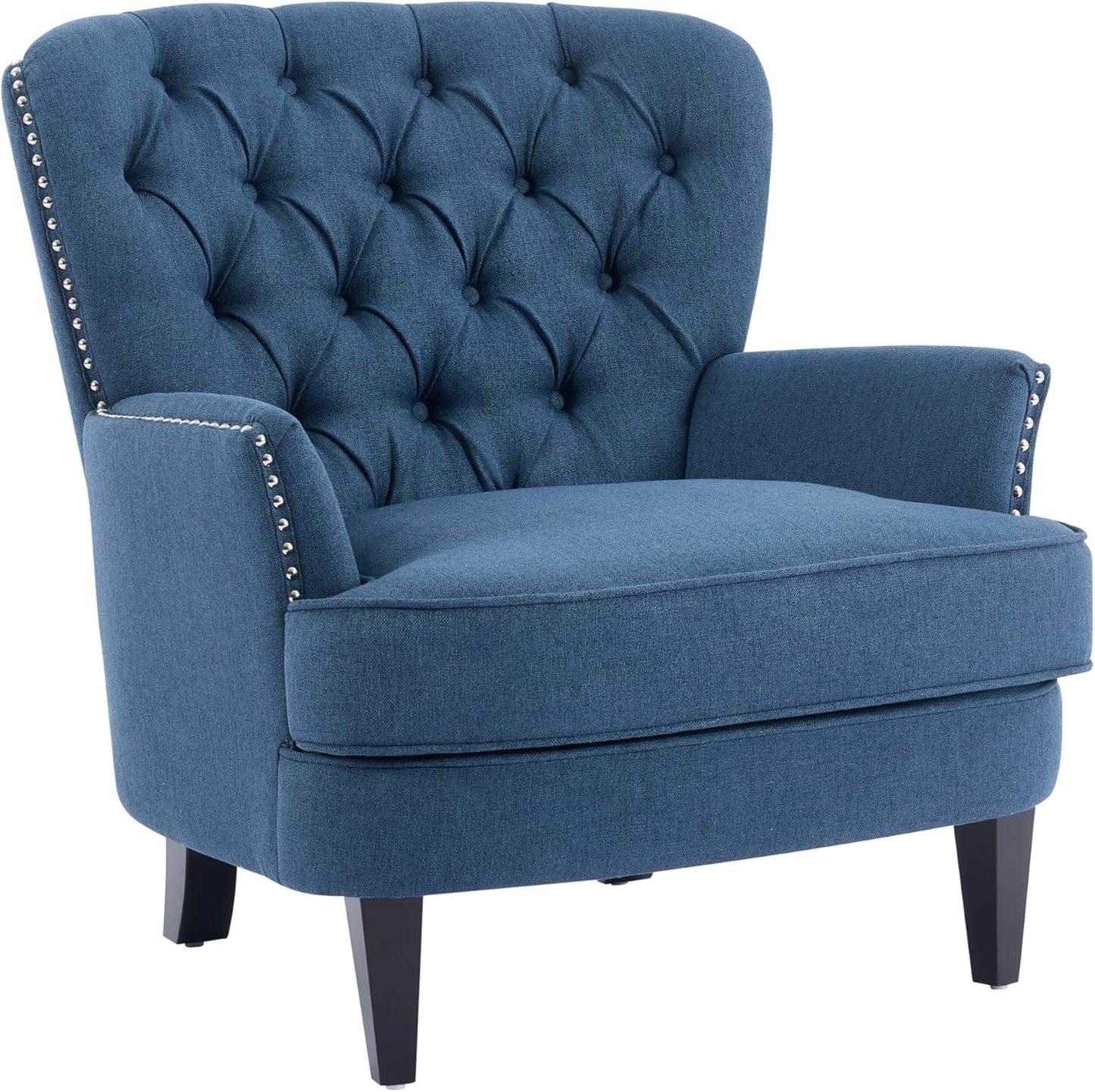 Ball & Cast Accent Chair,Mid-Century Lounge Living Room Chairs with Button Tufting,Upholstered Reading Accent Chair W/Solid Wood Legs and Curved Backrest,for Bedroom,Apartment,Navy Blue