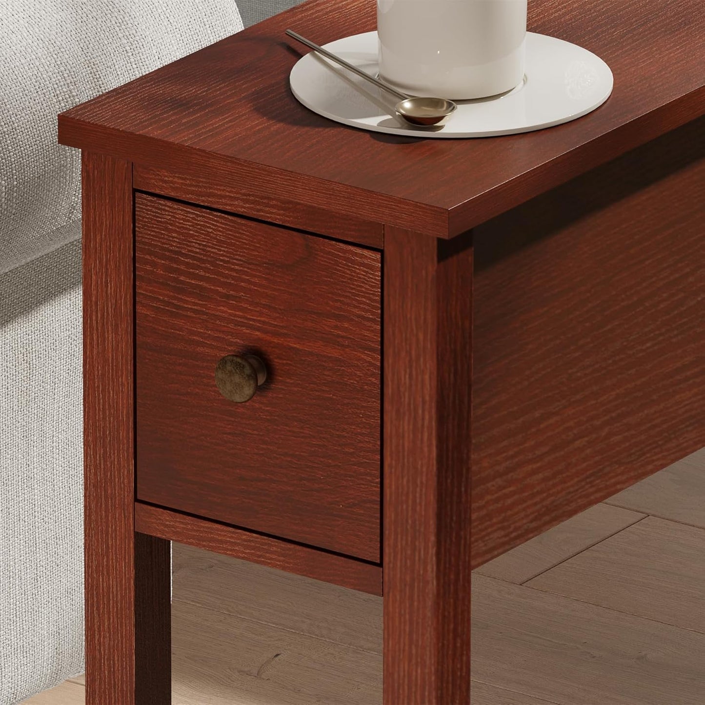 ChooChoo Narrow End Table, Small Side Table for Small Spaces, Slim End Table with Drawer, Narrow Nightstand Bedside Table for Living Room Bedroom, Cherry Brown, 2 Pack