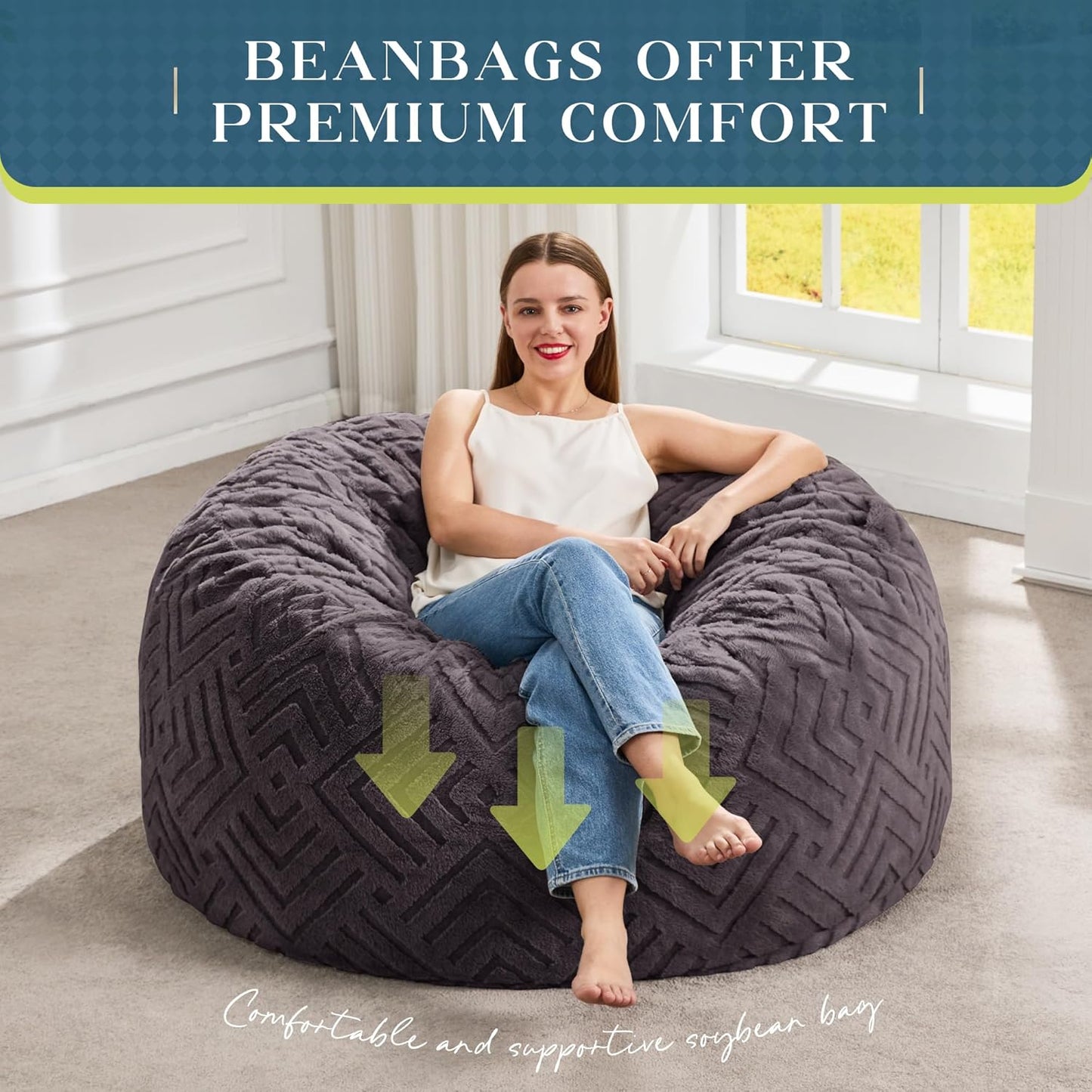 Hobestluk Bean Bag Chairs Adults Beanbag Chair with Filler Large Bean Bags with Fluffy Embossed Cover, Giant Bean Bag Chairs for Adults (Dark Grey, 3FT - 36” x 36” x 22”)