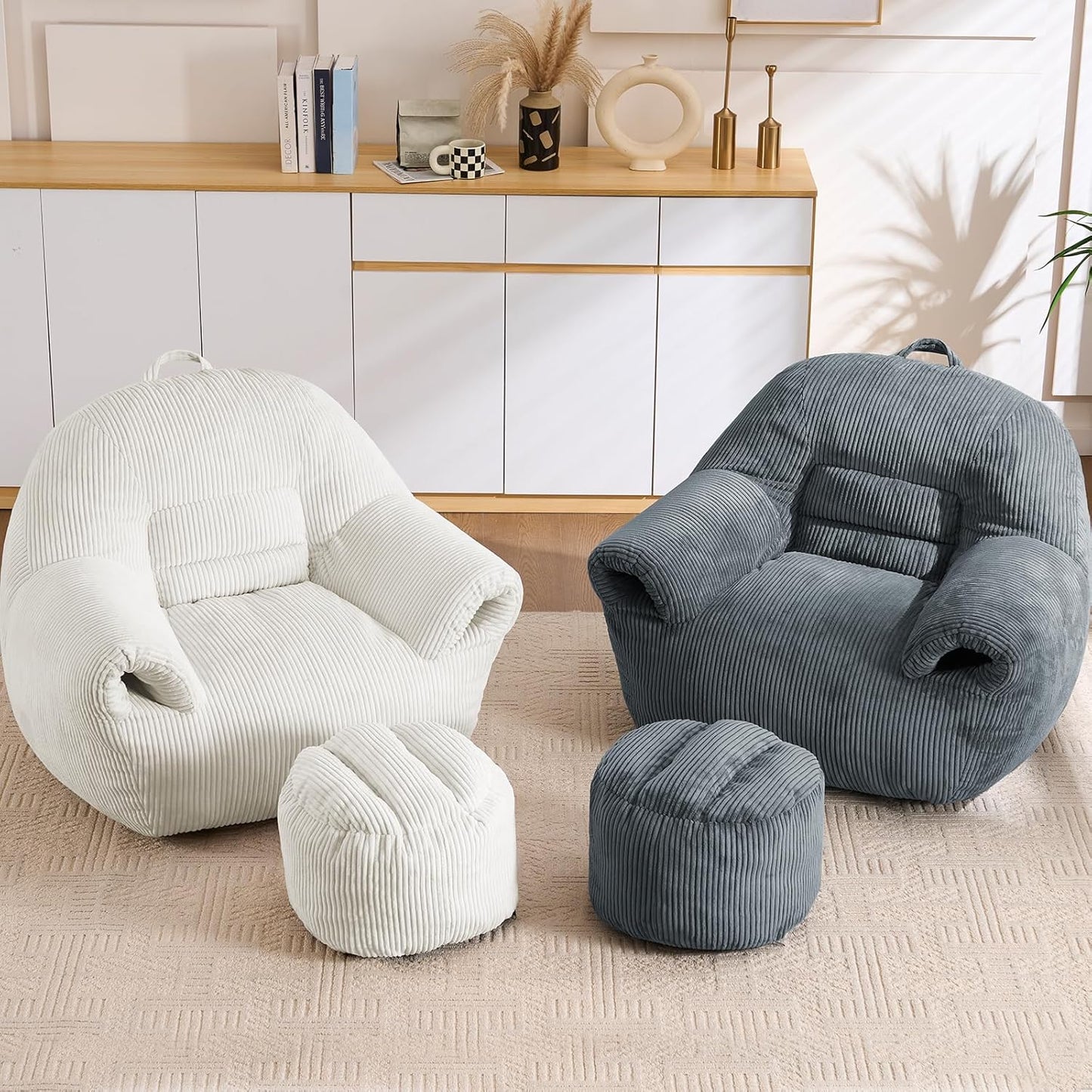 DAICO Bean Bag Chairs for Adults Beanbag Sofa with Ottoman Comfy Accent Chair with Armrests Corduroy Couch with Foam Single Lazy Sofas for Living Room Reading Bedroom Gaming Office Beige