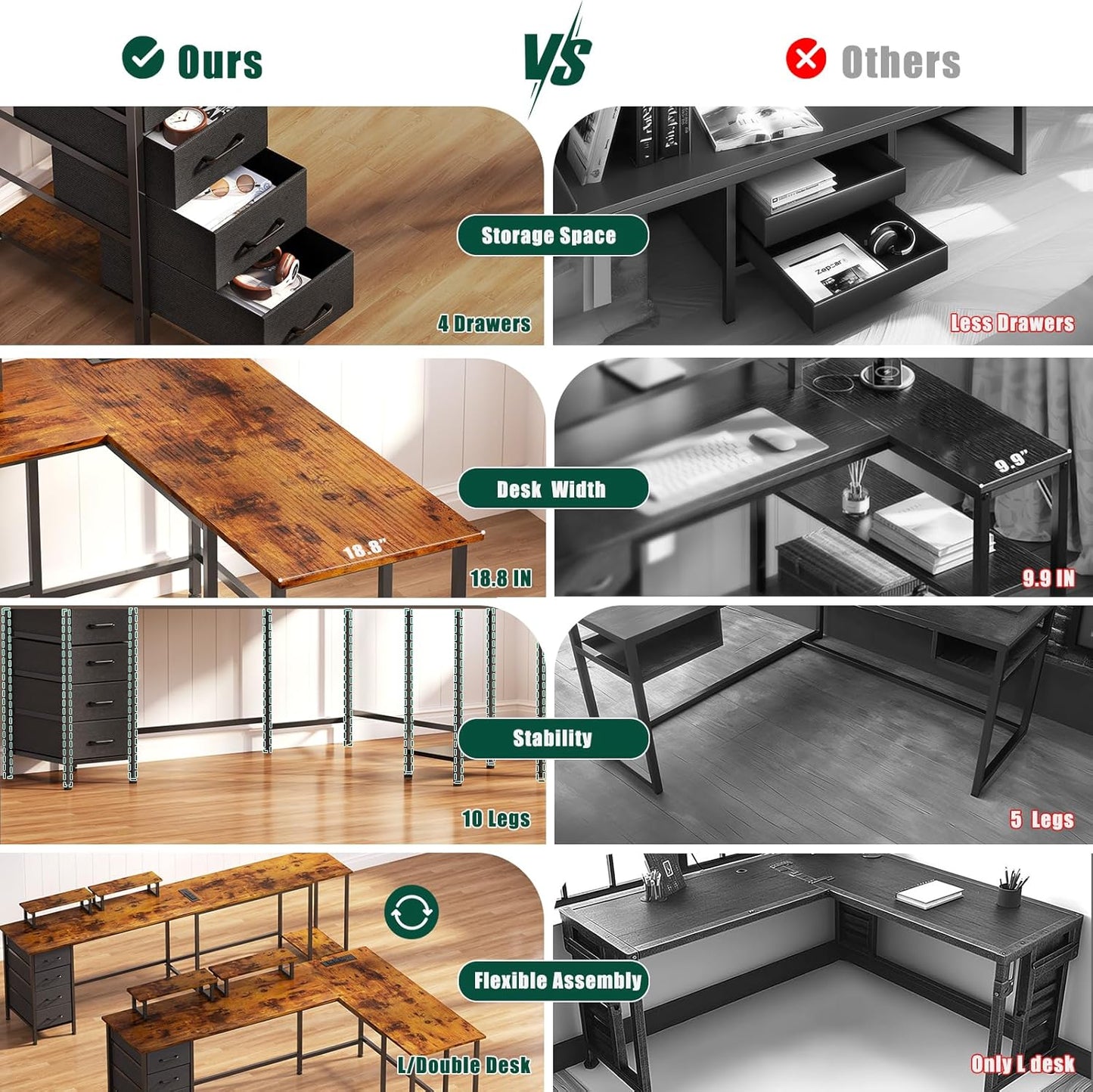 59 inch L Shaped Computer Desk with Power Outlets, Home Office Desk with 4 Adjustable Storage Drawers & 2 Monitor Stands, Two Person Gaming Table for Bedroom, Rustic Brown