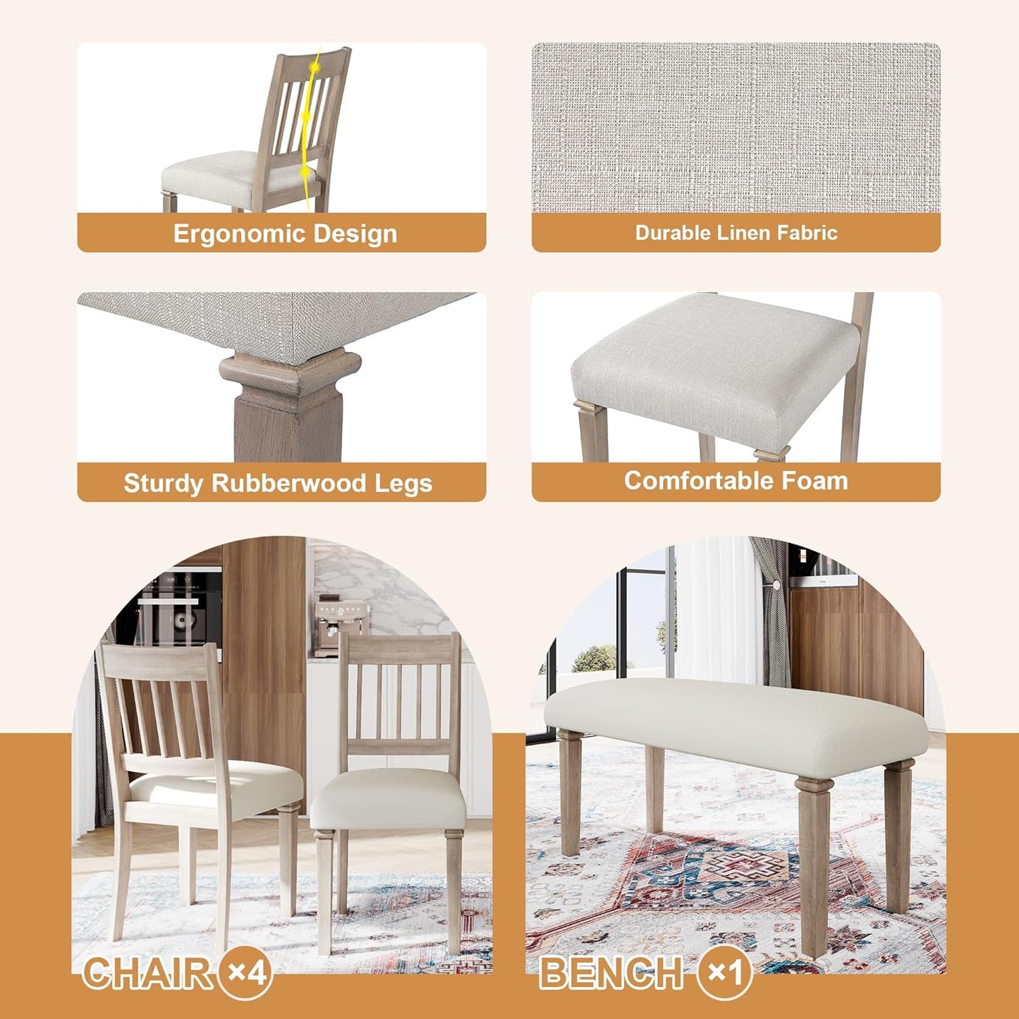 Merax 6-Piece Retro Dining Table Set, 6 Seats Wooden Rectangular Table, with 4 Chairs & 1 Bench for Kitchen Room, Classic Furniture, Brown