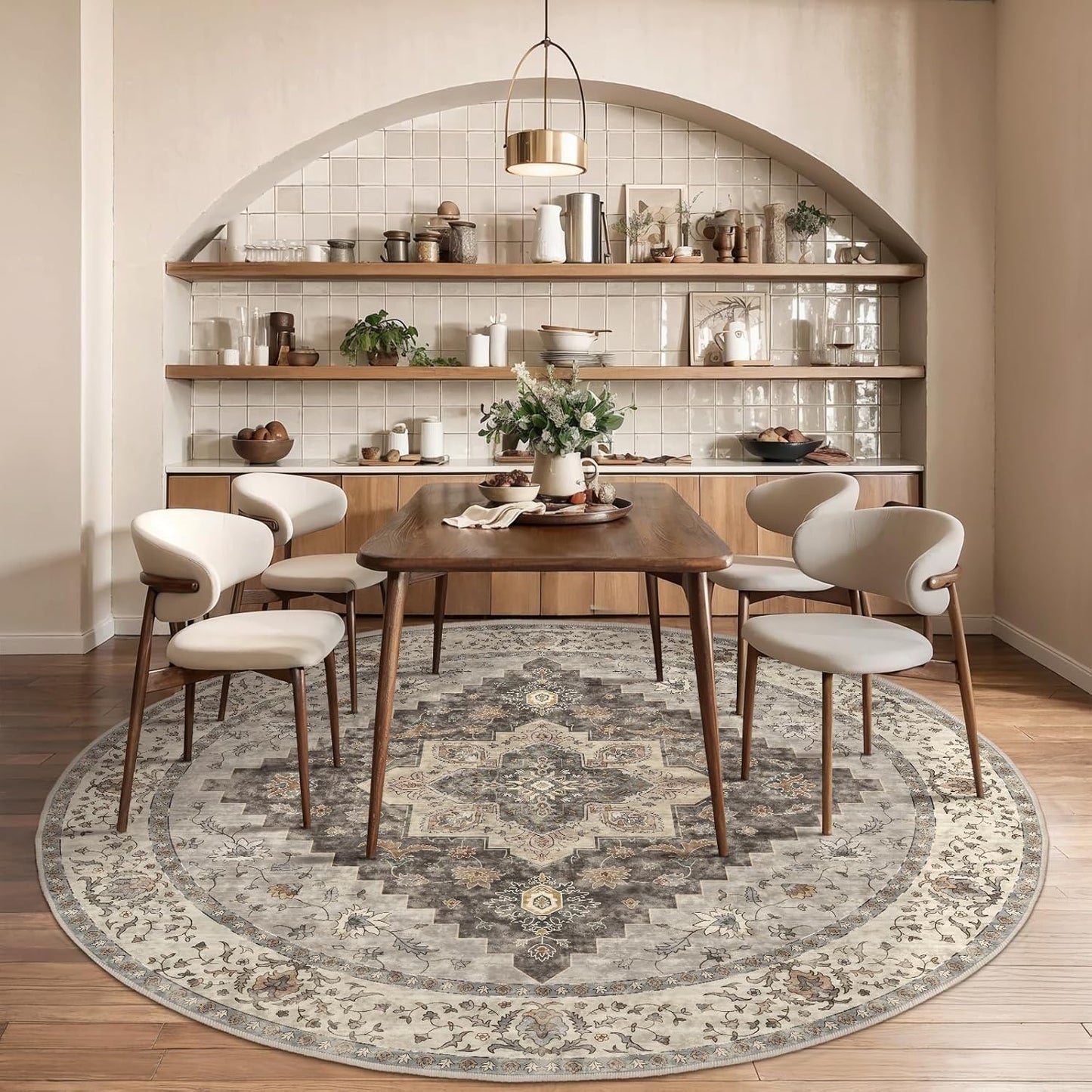 Tangsoo Vintage Round Rug 4ft Washable Circle Rug, Non Slip Small Boho Round Rug, Low Pile Circular Rugs, Round Carpet for Bedroom,Entryway,Nursery,Dorm,Kitchen,Brown/Grey