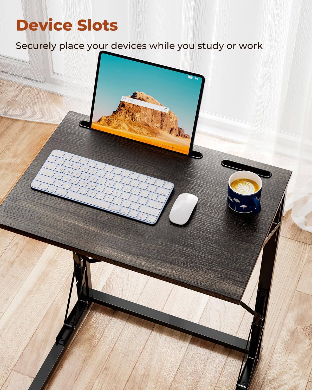 21''Wx28''H Folding TV Tray for Eating, Small Foldable C-Shaped Tray Table with Tablet and Phone Slots, Slide Under Couch Side Table for Recliner, Living Room, Bedroom, Deep Grey