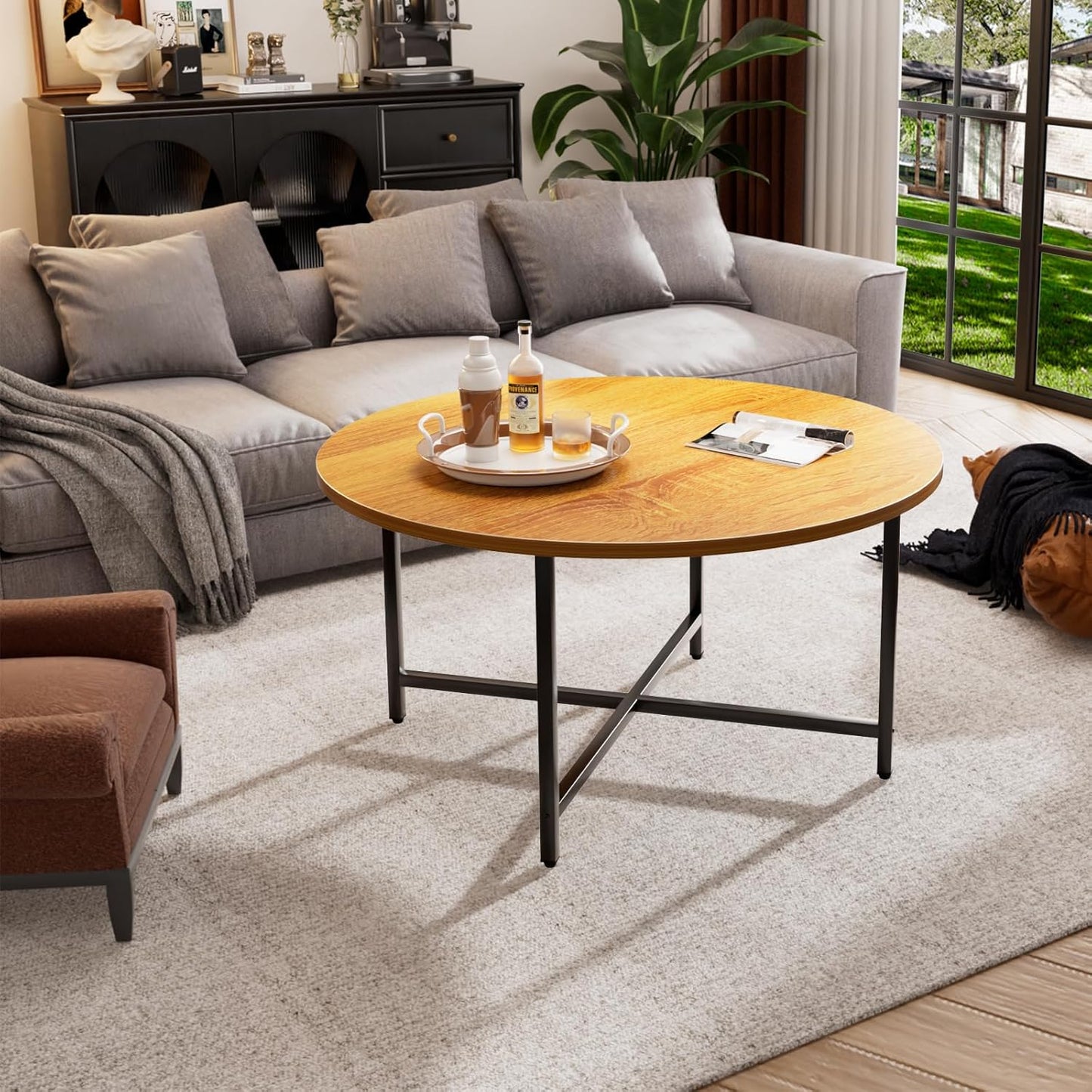 Round Coffee Table, 31.5" Circle Coffee Table,Modern Round Coffee Tables Living Room, Large Coffee Table Round for Indoor & Outdoor Use, Office, Patio or Garden, Warm Brown (31.5" D*17.7" H)