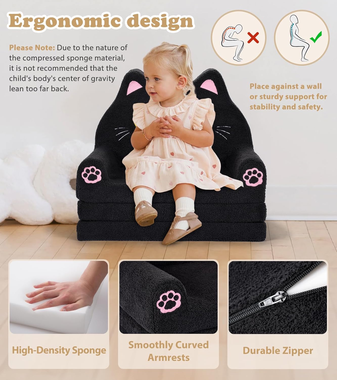 Kids Couch, 2-in-1 Soft Toddler Couch Fold Out with Blanket, Chair Comfy, Foldable Convertible Plush Sofa to Lounger, Gifts for Kids Girl Boys, Black Kitty