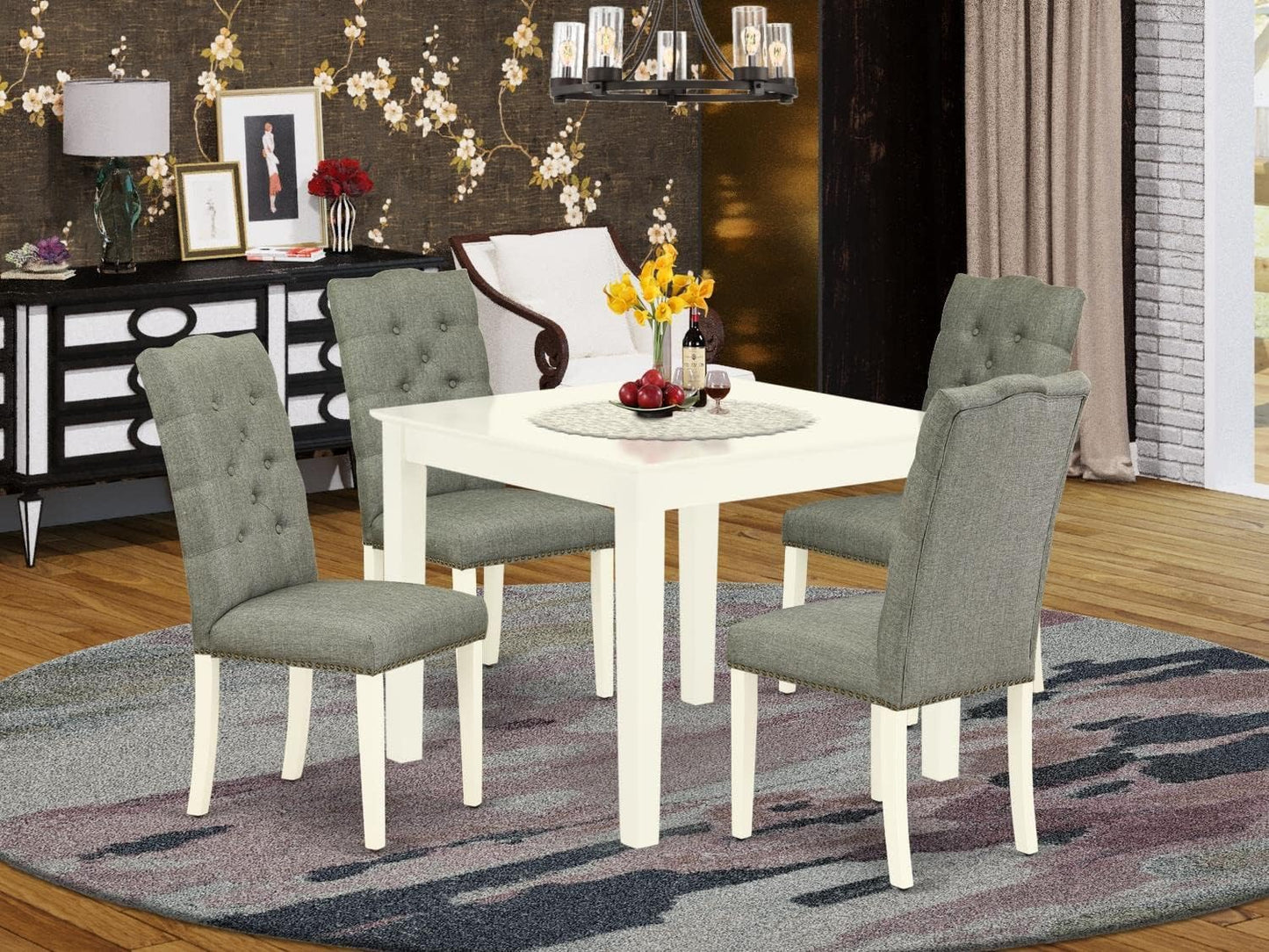 East West Furniture OXEL5-LWH-07 5 Piece Dining Room Table Set Includes a Square Kitchen Table and 4 Gray Linen Fabric Parsons Dining Chairs, 36x36 Inch, Linen White