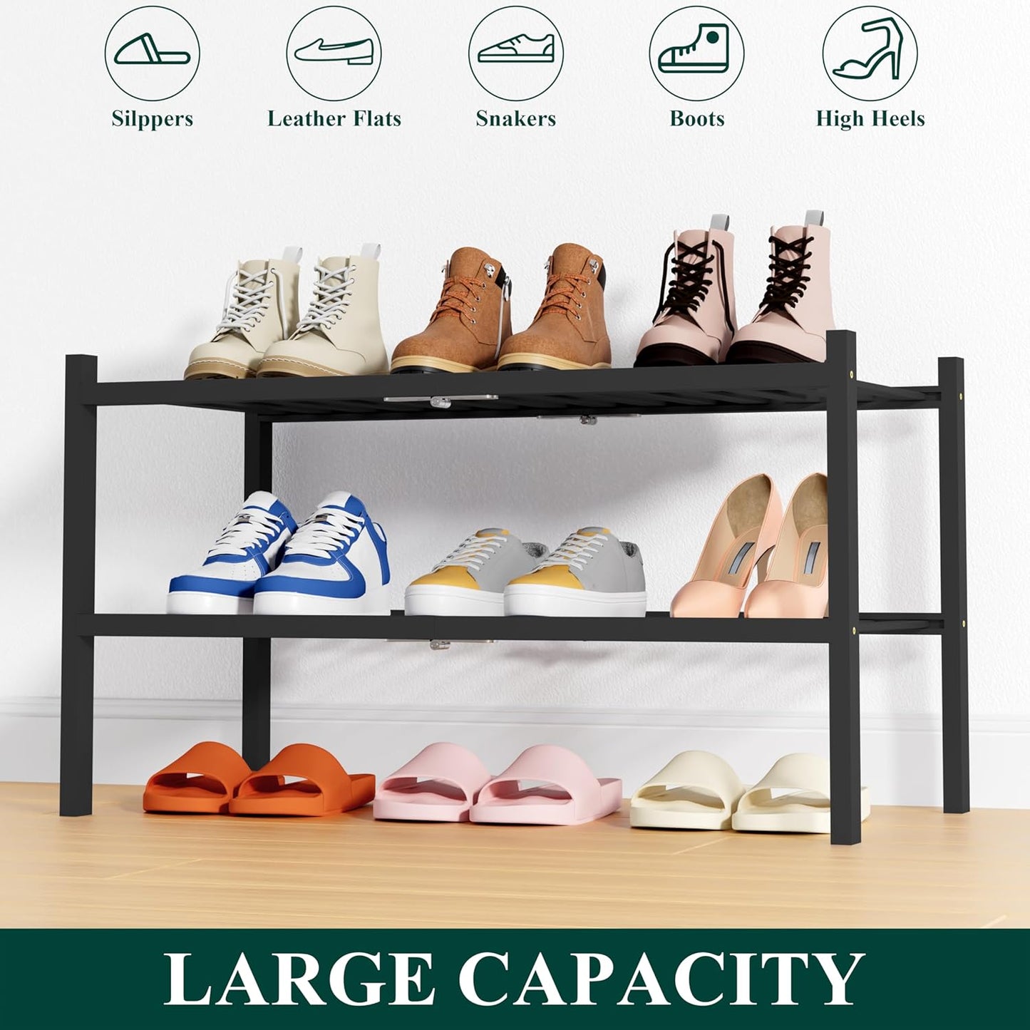 Smiry Shoe Rack, 2 Tier Thick Bamboo Shoe Organizer, Stackable Free Standing Wooden Shoe Storage Shelf for Closet, Entryway, Front Door Entrance, Black