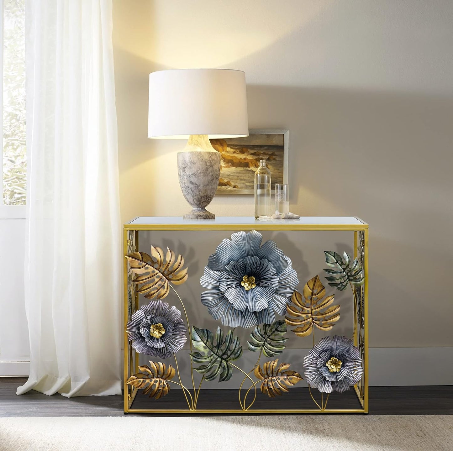 Console Table, Vintage Art Sofa Table with Metal Flower Decor, Narrow Entryway Tables with Glass Mirror Tabletop Behind Sofa, Narrow Accent Table for Entryway Living Room Hallway Bedroom