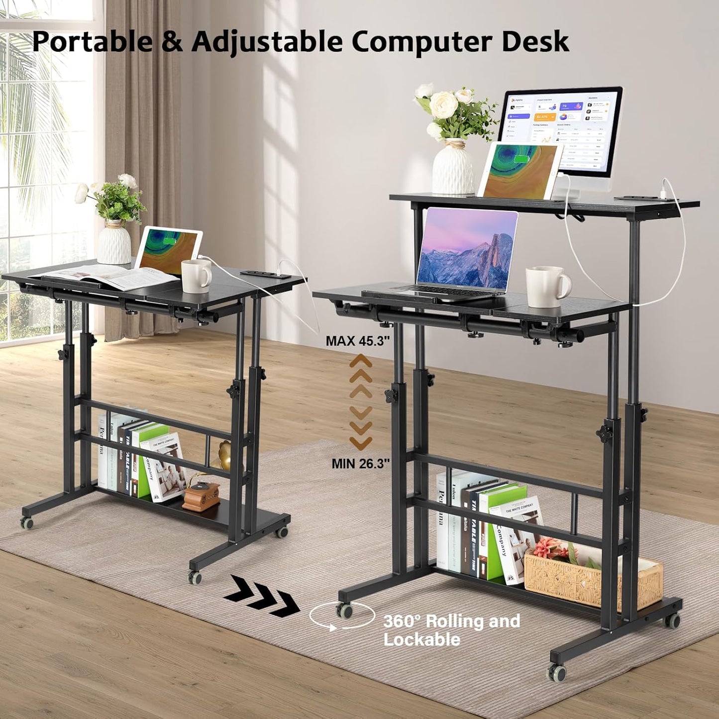 Hadulcet Stand Up Desk, Rolling Desk Adjustable Height, Mobile Standing Desk with Wheels & Charging Station, Portable Stand for Laptop, Rolling Computer Cart TV Tray, Small Standing Desk Drawing Table