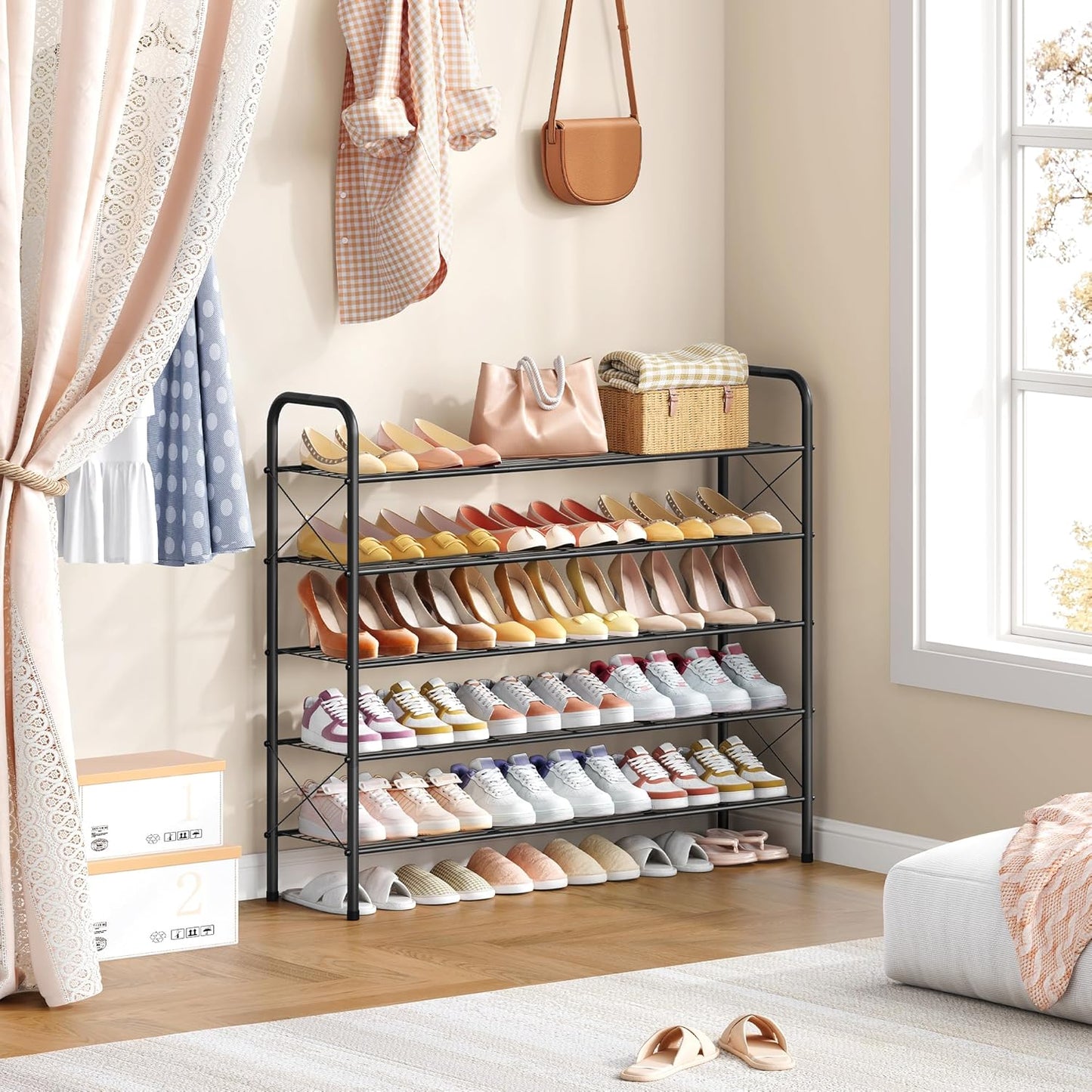 Hoctieon 5 Tier Mesh Style Shoe Rack, Entryway Shoe Shelf, Shoe Storage Organizer, Shoe Rack for Closet, Space Save for Bathroom, Garage, Hallway, Bedroom, Living Room, Black