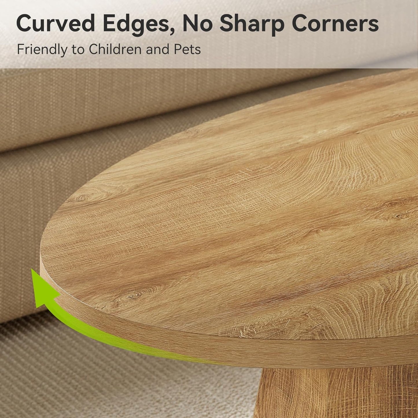 Oval Coffee Table, 47-Inch Living Room Table with Polygonal Pedestal, Modern Center Accent Furniture, Child-Friendly, Easy to Assembly, Yellowish Brown