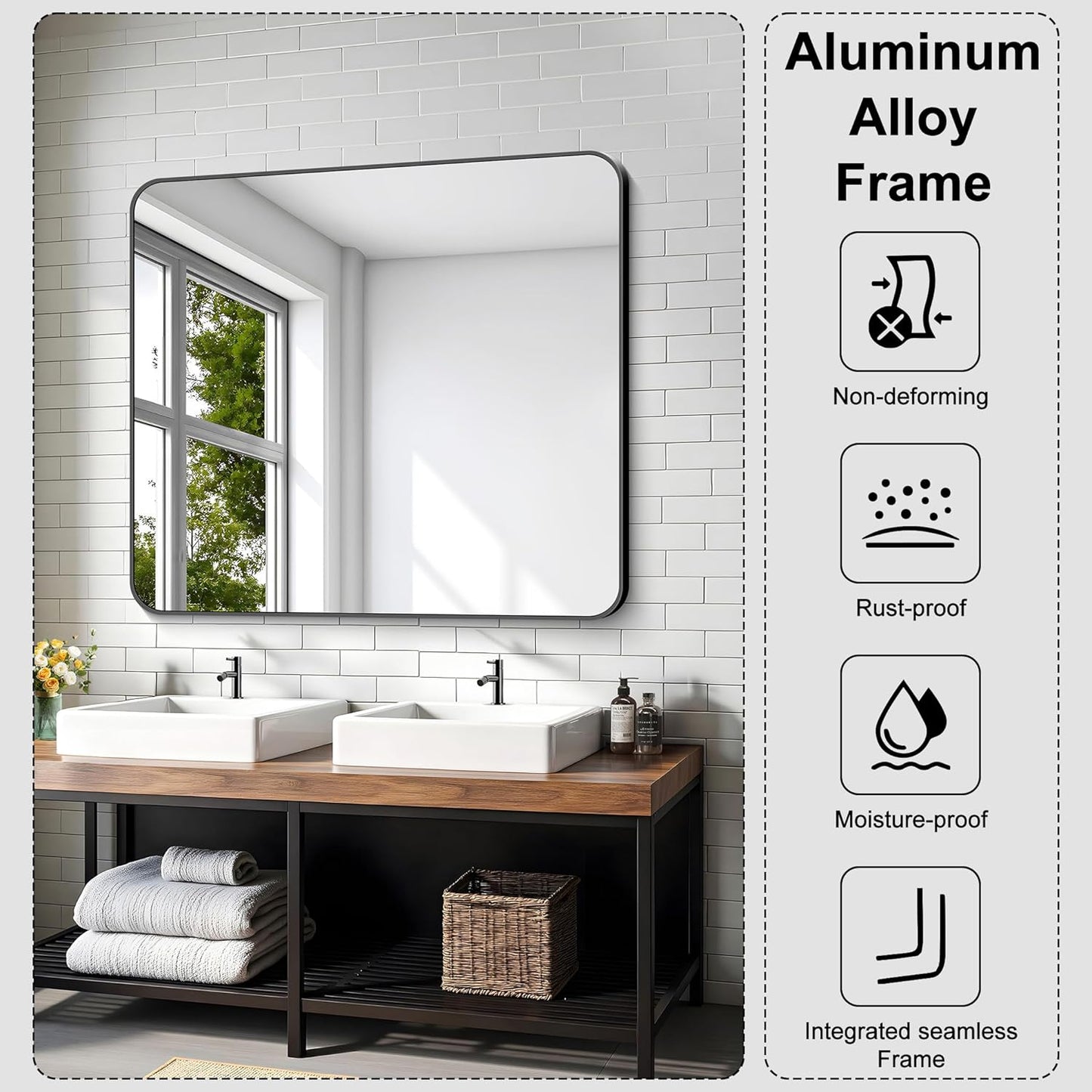 KOCUUY Black Rectangle Mirror, 36"x40" Vanity Mirror for Over Sink, Large Metal Framed Mirror with Rounded Corner for Bathroom Living Room Bedroom Dining Room, Hang Horizontal/Vertical
