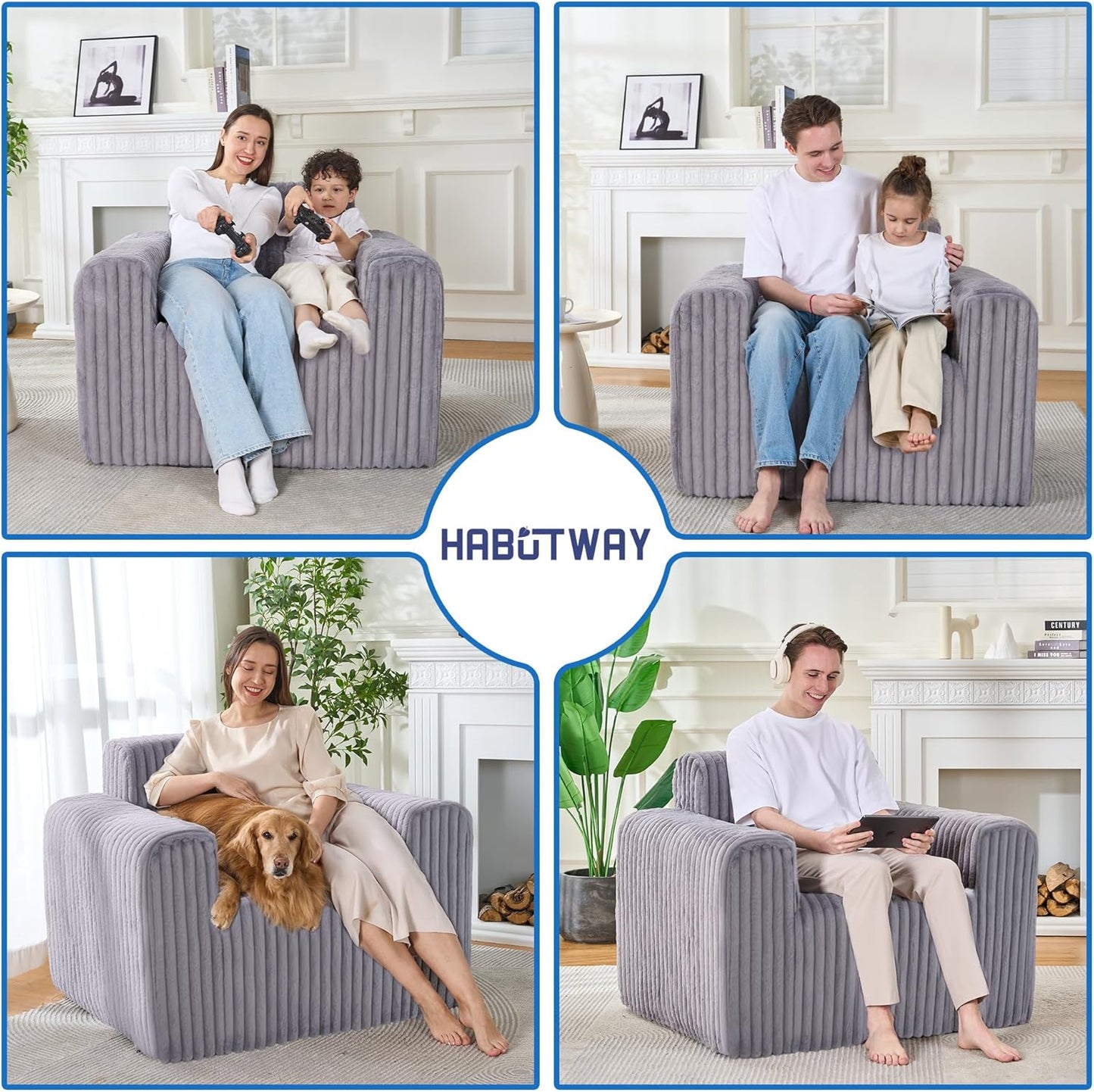 HABUTWAY Giant Bean Bag Chairs for Adults with Armrests, High Backrest Bean Bag Lounge Lazy Sofa with Durable Elastic Foam Filling & Comfy Fabric, Single Couch for Bedroom/Dorm/Living Room(Grey)