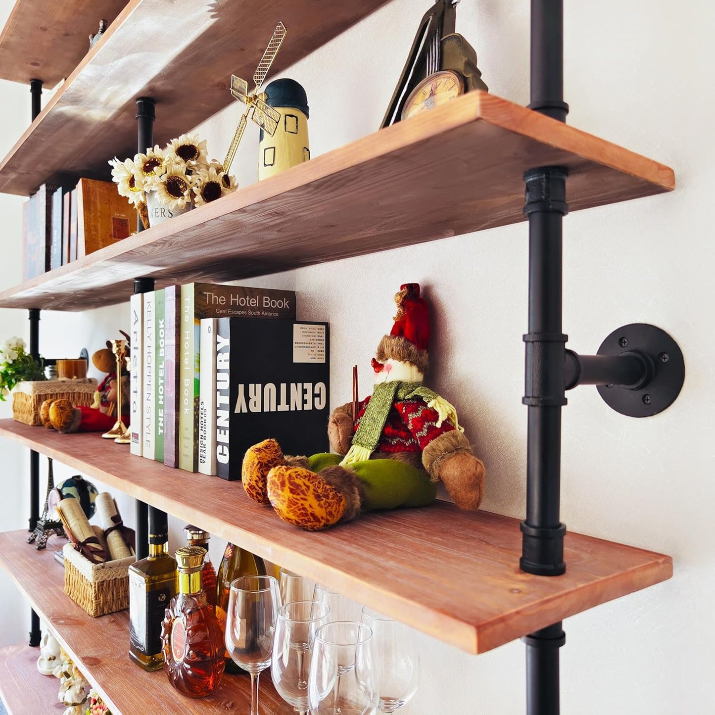 Industrial Ladder Shelf Bookcase, Wall Mounted Rustic Bookshelf, Retro Wood Metal Pipe Industrial Shelves for Living Room(Weathered Brown, 6 Tier - 10" D x 70" W x 82.5" H)