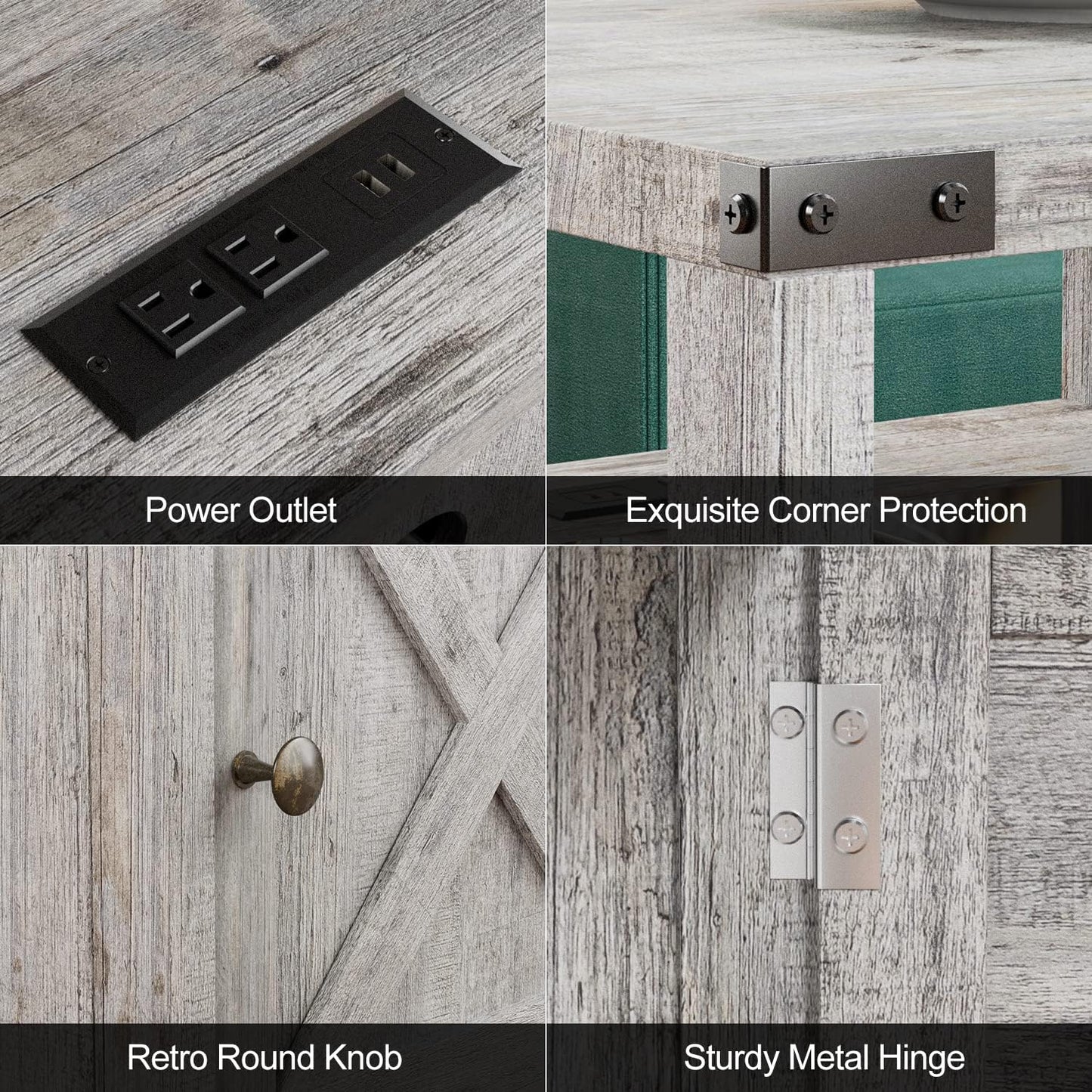 Farmhouse Nightstand with Charging Station, Grayish White End Table Bedroom with Storage Living Room Side Table Beige Night Stand Industrial Bedside Bed Table with USB Ports and Outlets